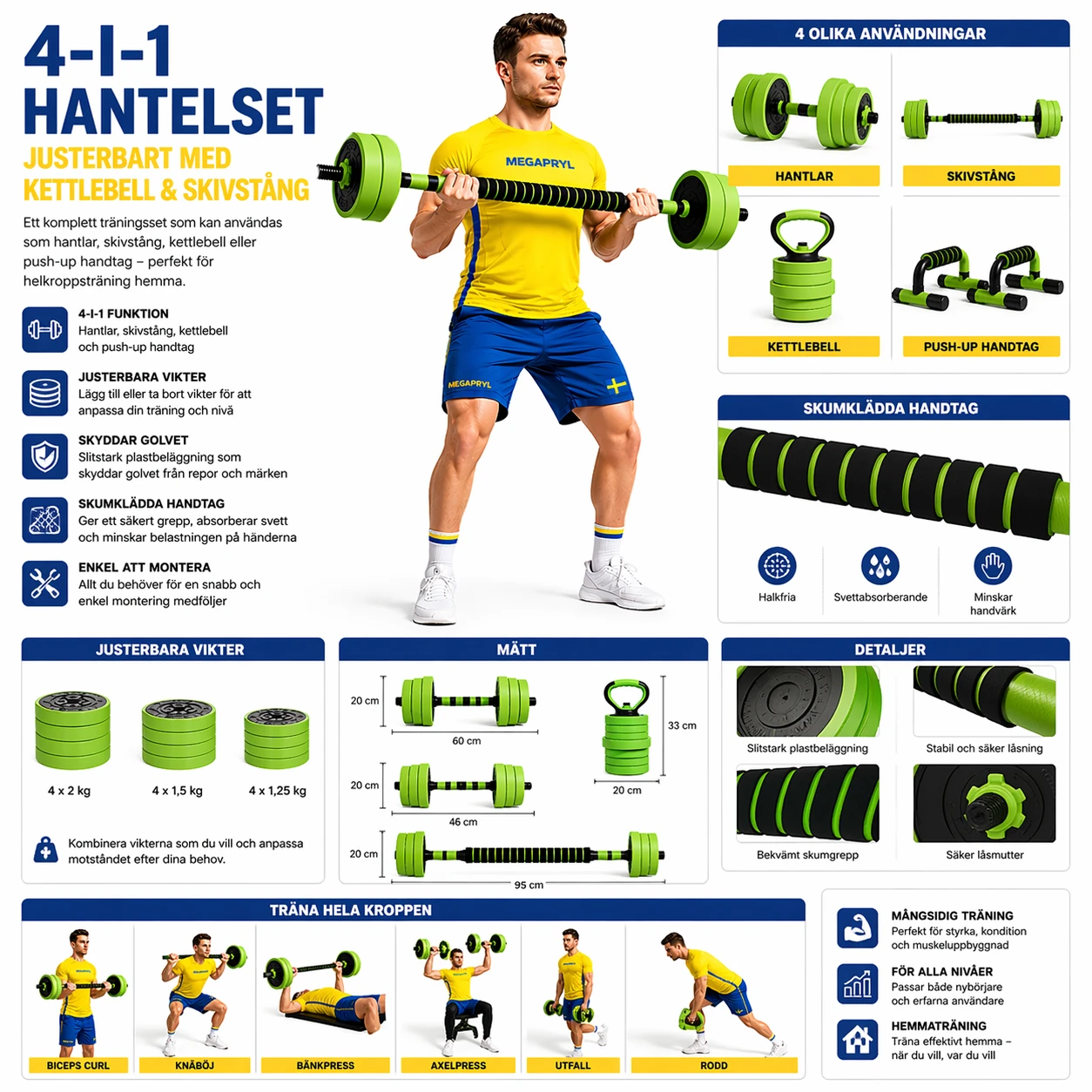4-i-1 Hantelset – Justerbart med Kettlebell & Skivstång