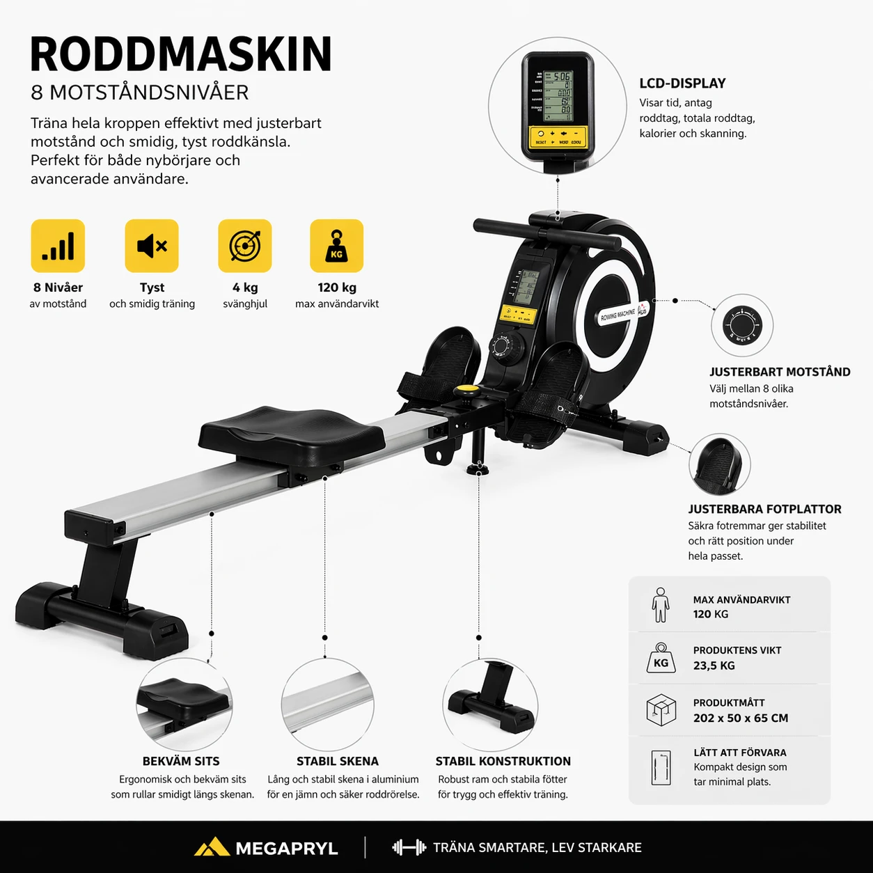 Roddmaskin Fitness – Magnetisk & Tyst – Hopfällbar Design