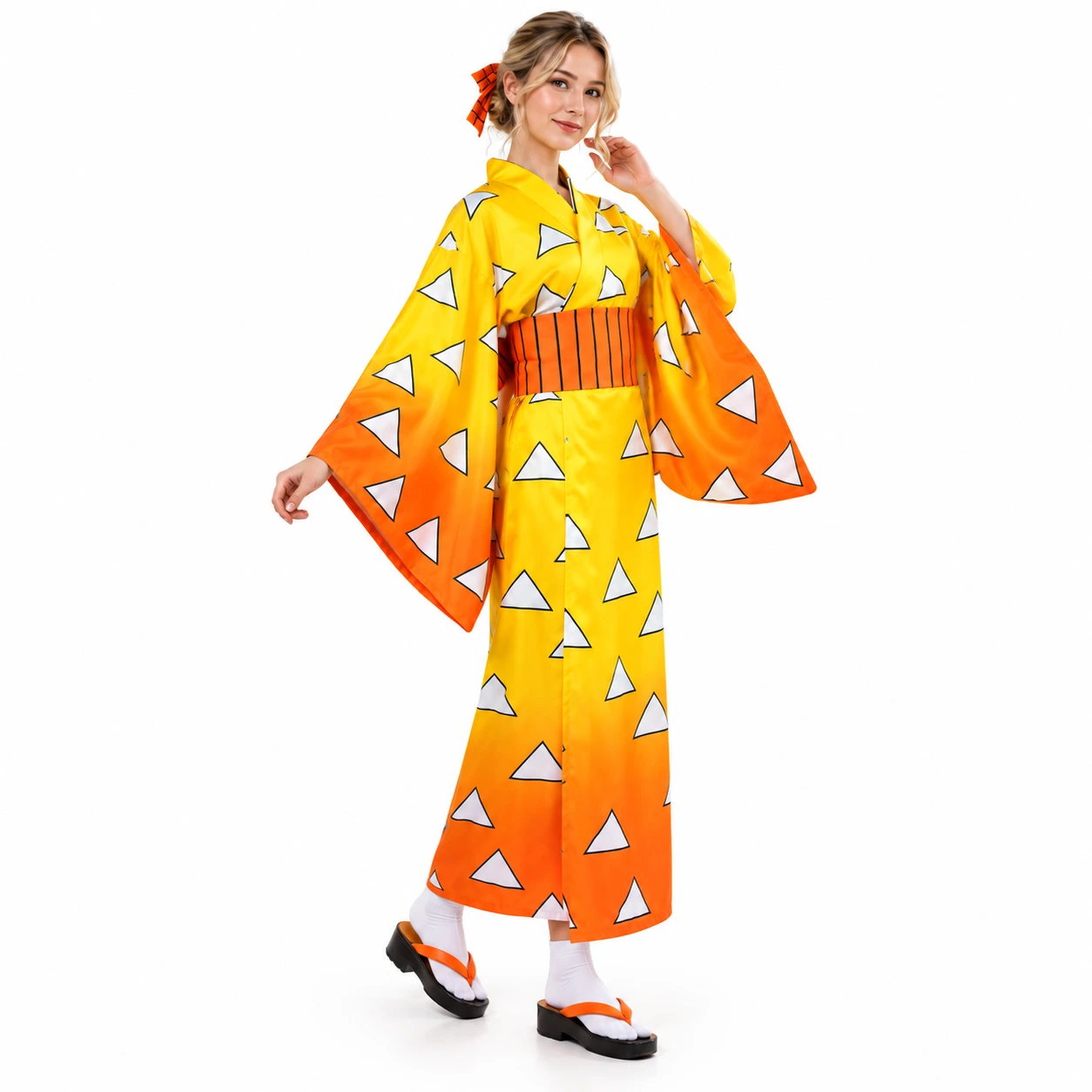 Gul och Orange Triangelmönstrad Kimono set med Midjebälte och Flugrosett