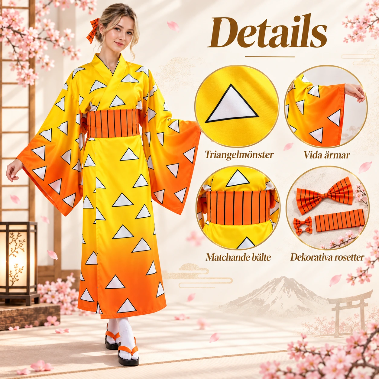 Gul och Orange Triangelmönstrad Kimono set med Midjebälte och Flugrosett