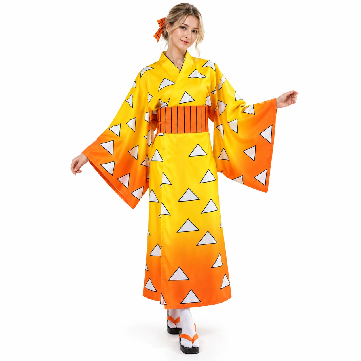 Gul och Orange Triangelmönstrad Kimono set med Midjebälte och Flugrosett