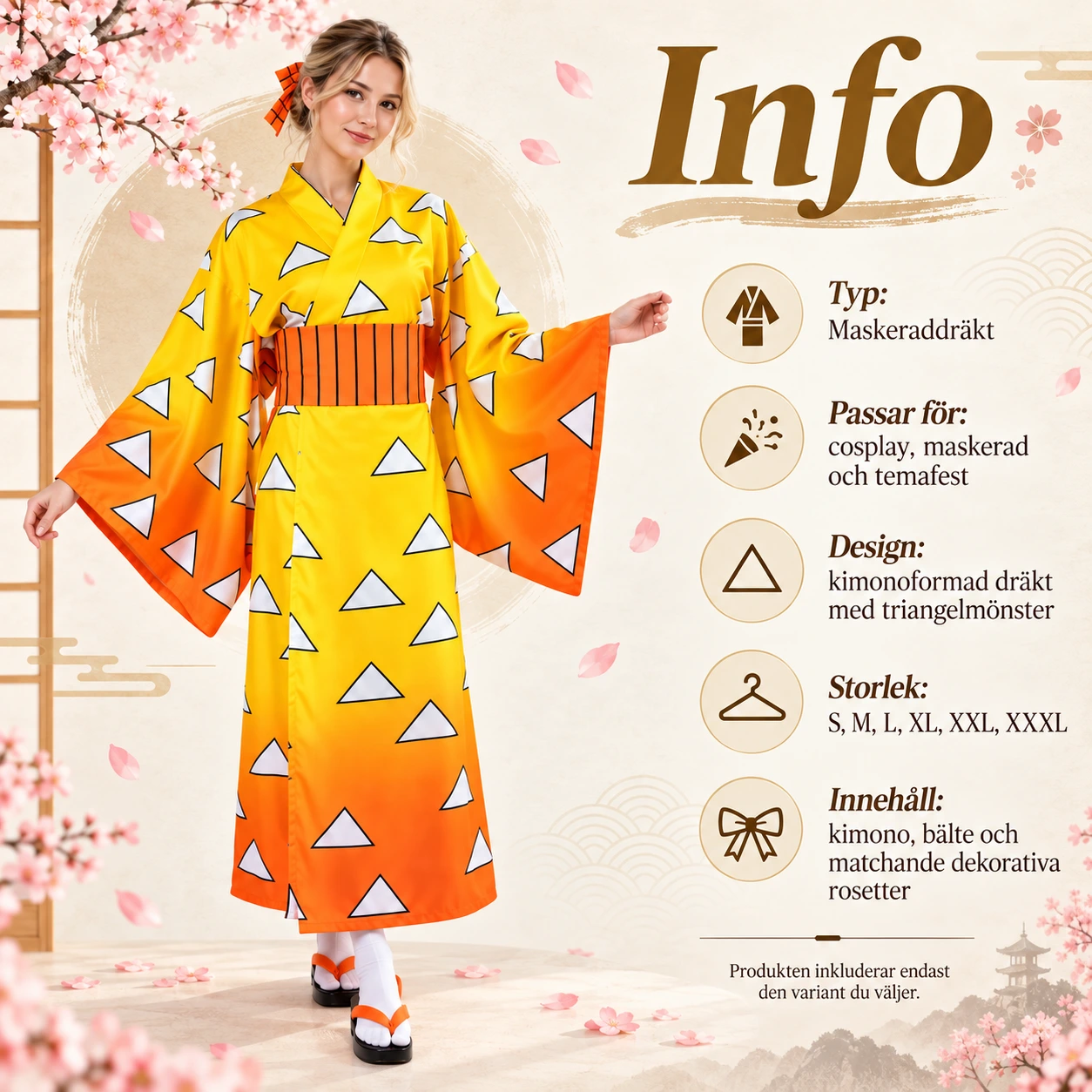 Gul och Orange Triangelmönstrad Kimono set med Midjebälte och Flugrosett