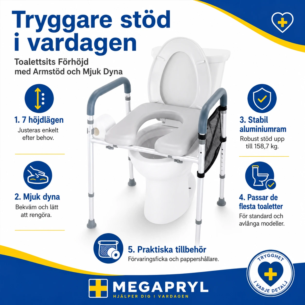 Toalettsits Förhöjd med Armstöd och Mjuk Dyna