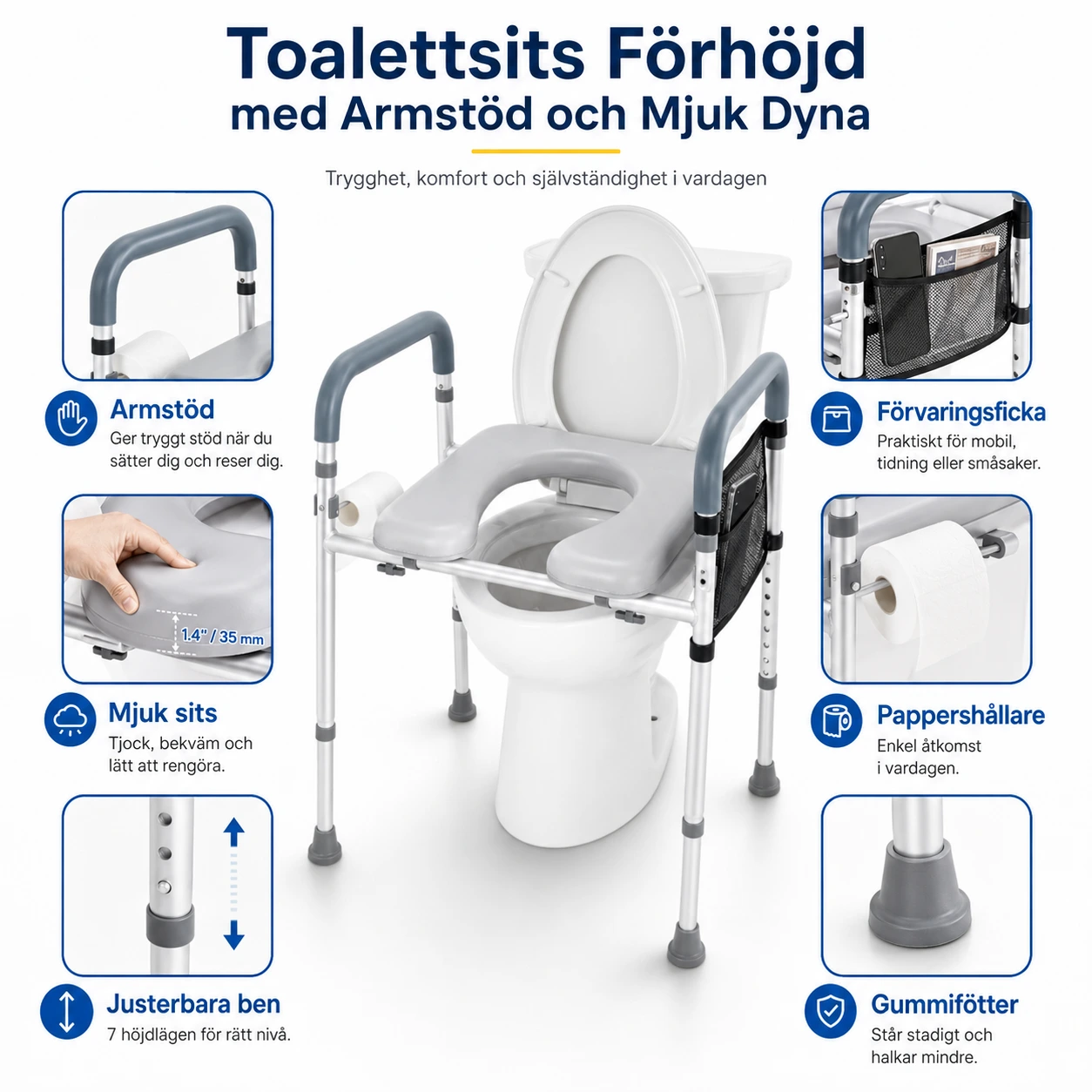 Toalettsits Förhöjd med Armstöd och Mjuk Dyna