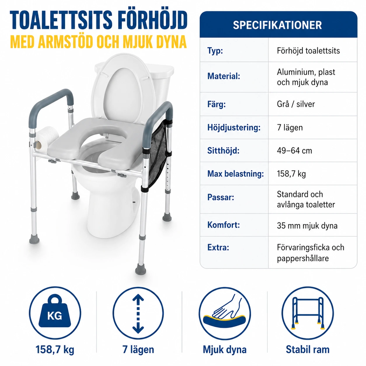 Toalettsits Förhöjd med Armstöd och Mjuk Dyna