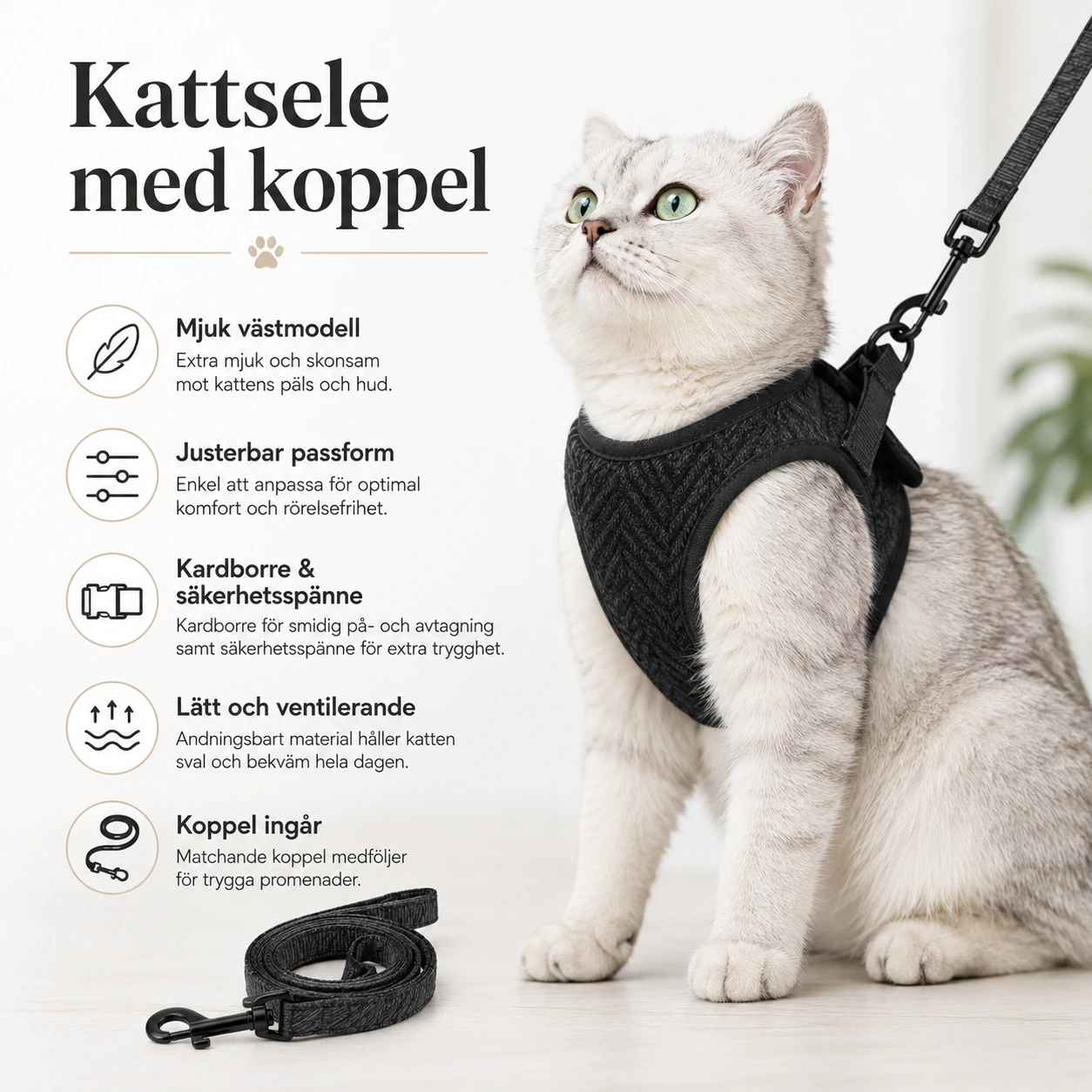 Kattsele med koppel för katt och kattunge