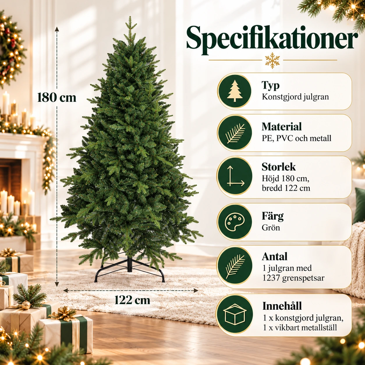 Konstgjord julgran inomhus i PE och PVC, 180 cm