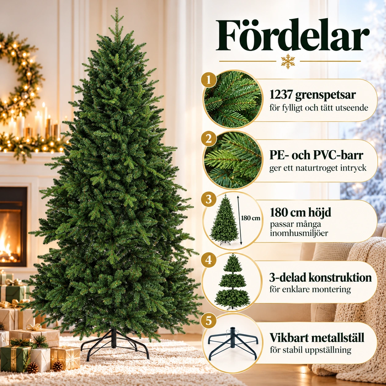 Konstgjord julgran inomhus i PE och PVC, 180 cm