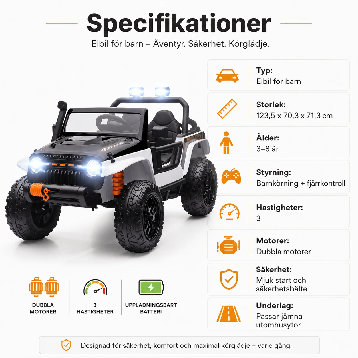 Elbil för barn med fjärrkontroll och föräldrasäte