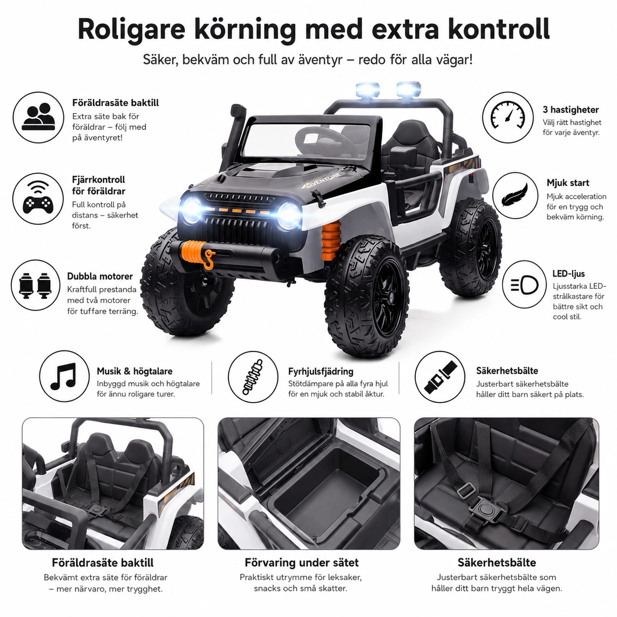 Elbil för barn med fjärrkontroll och föräldrasäte
