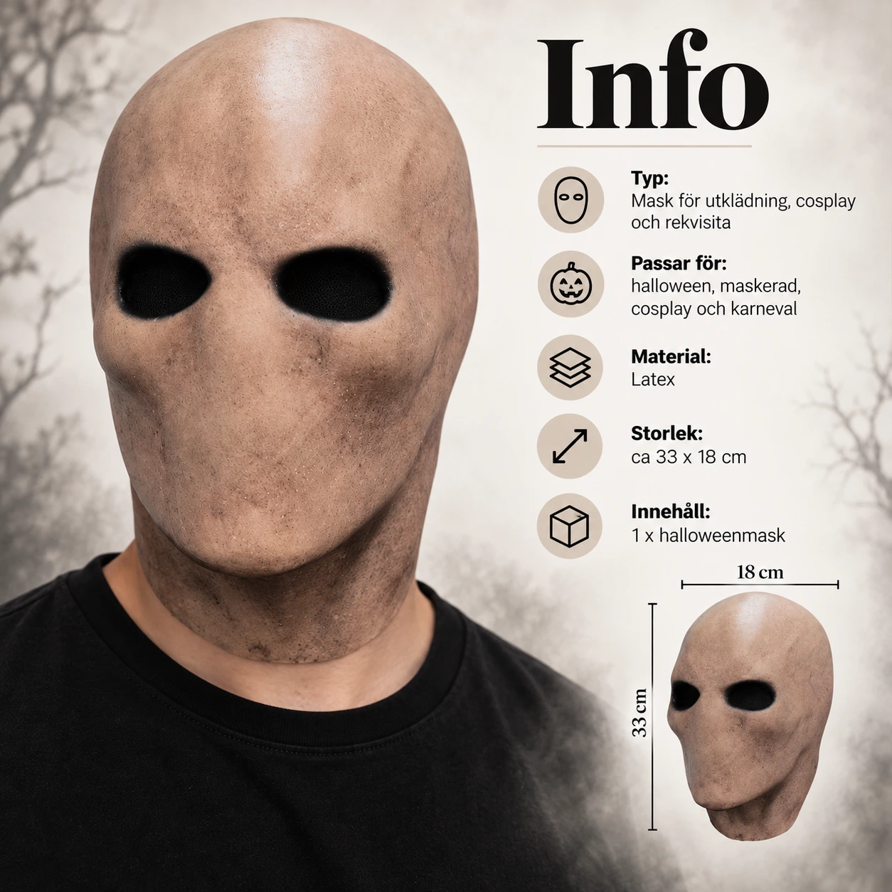 Ansiktslös halloweenmask i latex för cosplay