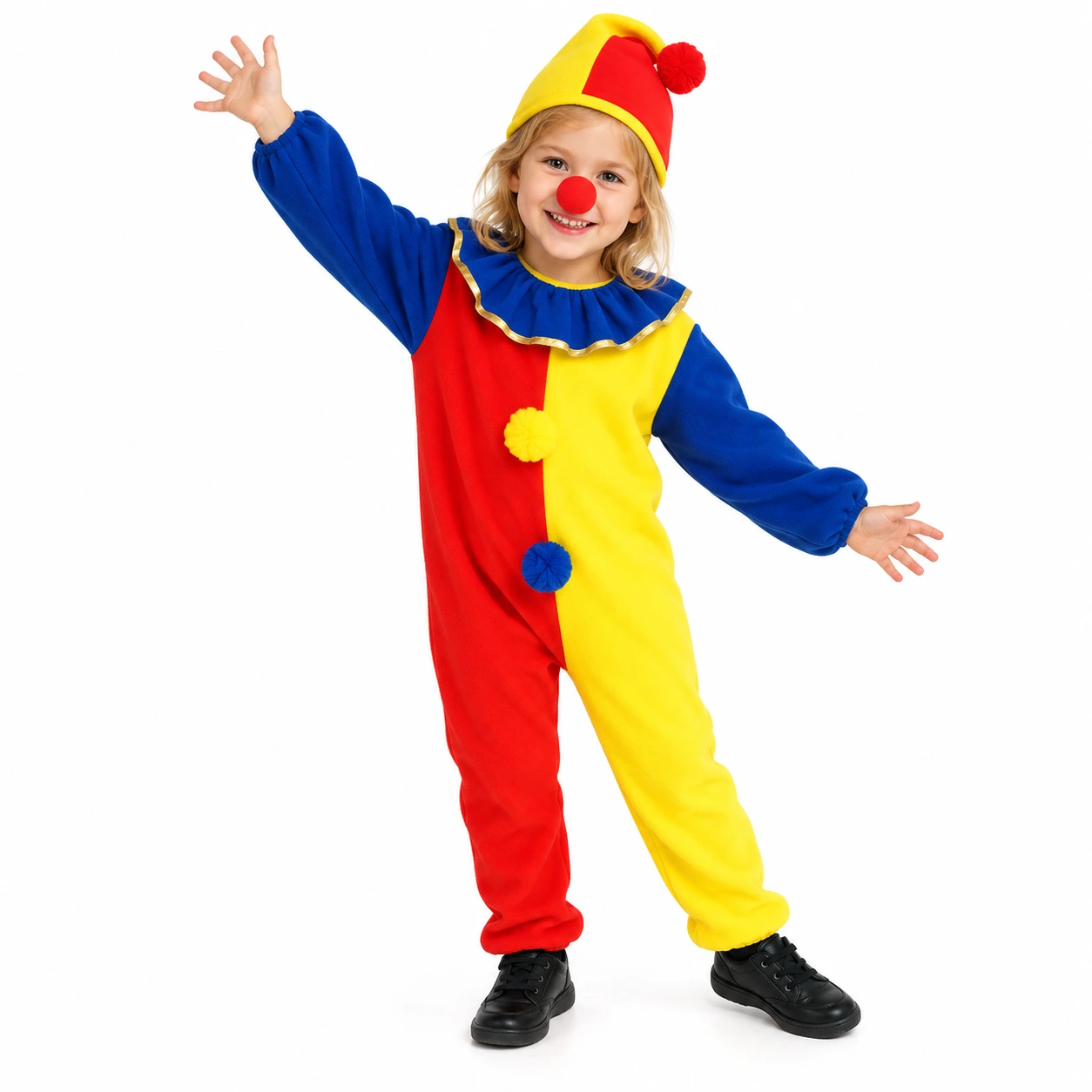 Clowndräkt för barn med jumpsuit hatt och näsa