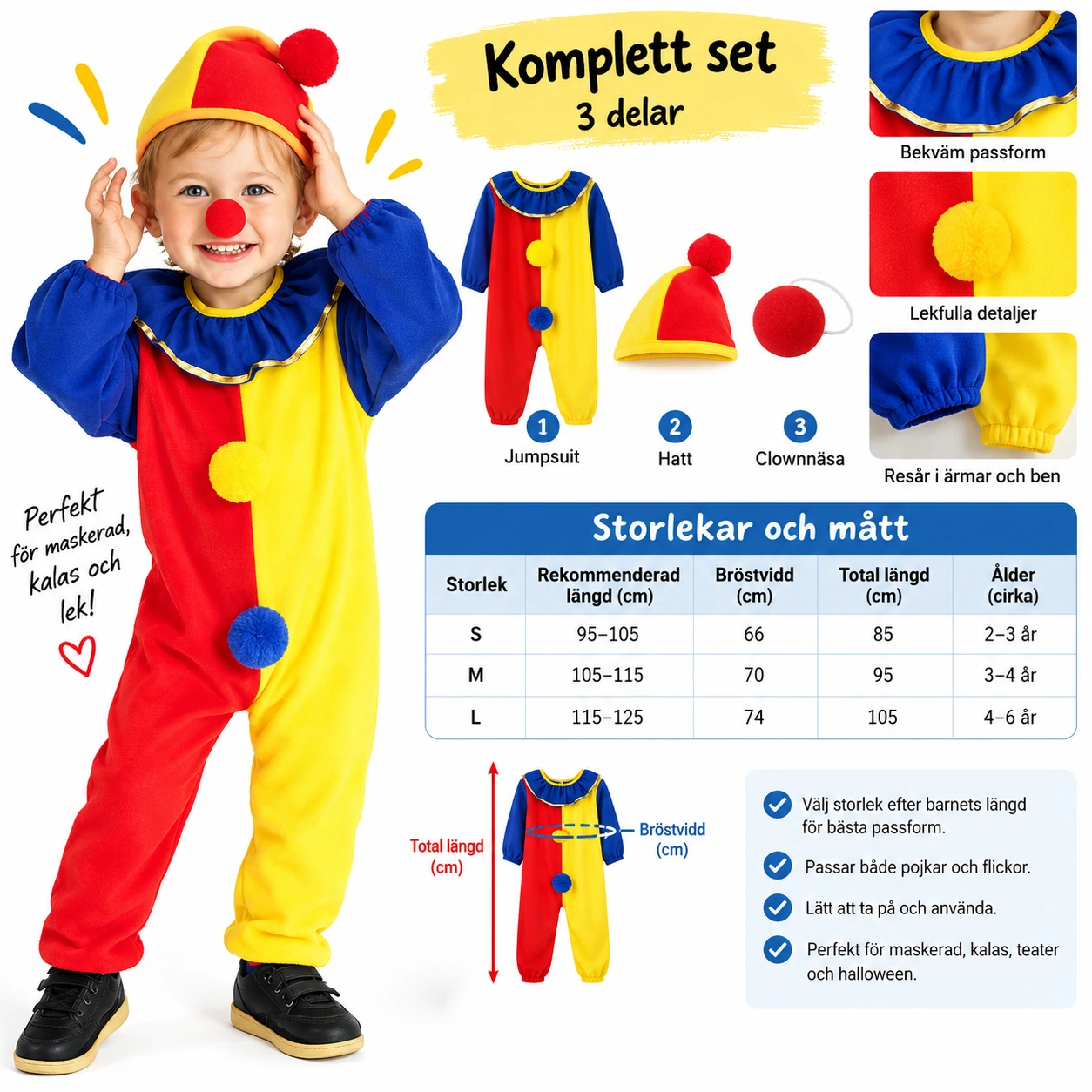 Clowndräkt för barn med jumpsuit hatt och näsa