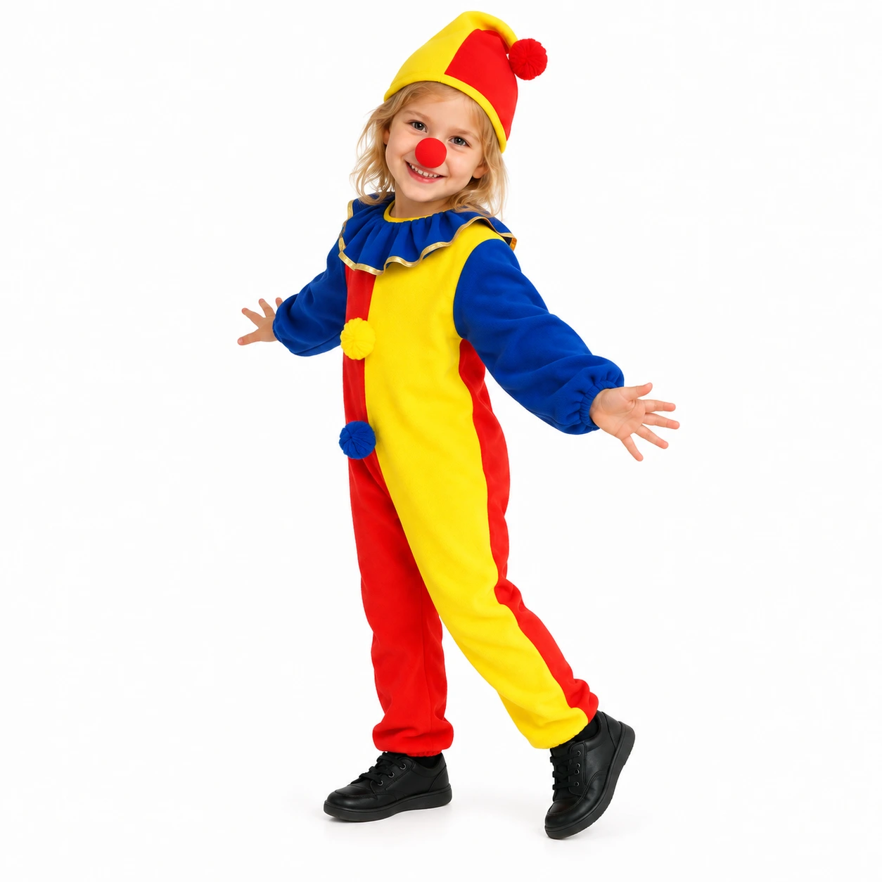 Clowndräkt för barn med jumpsuit hatt och näsa
