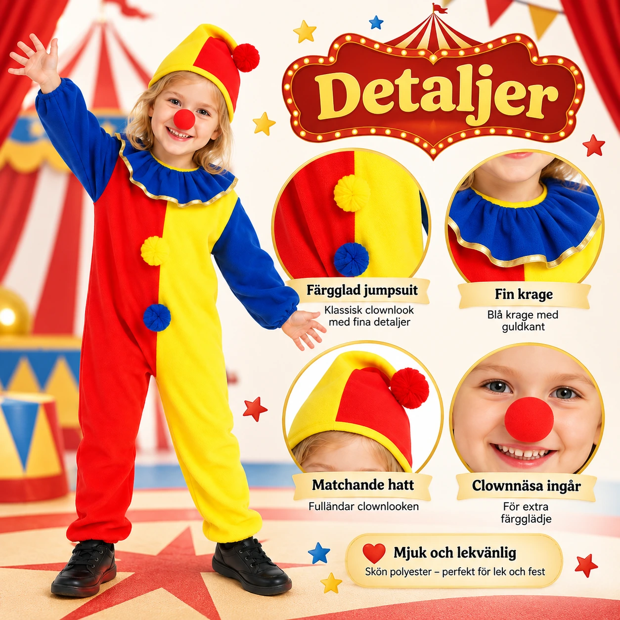 Clowndräkt för barn med jumpsuit hatt och näsa