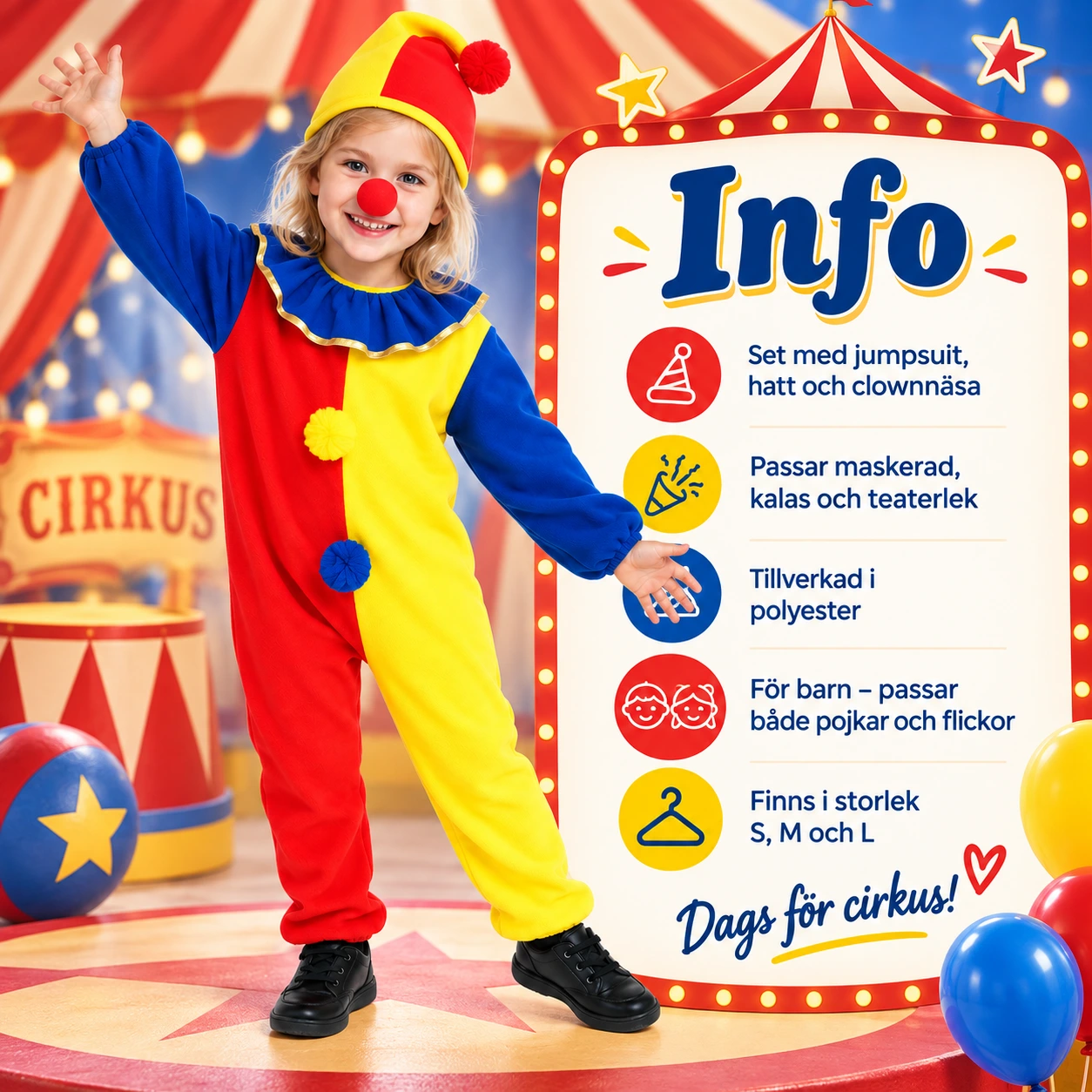 Clowndräkt för barn med jumpsuit hatt och näsa