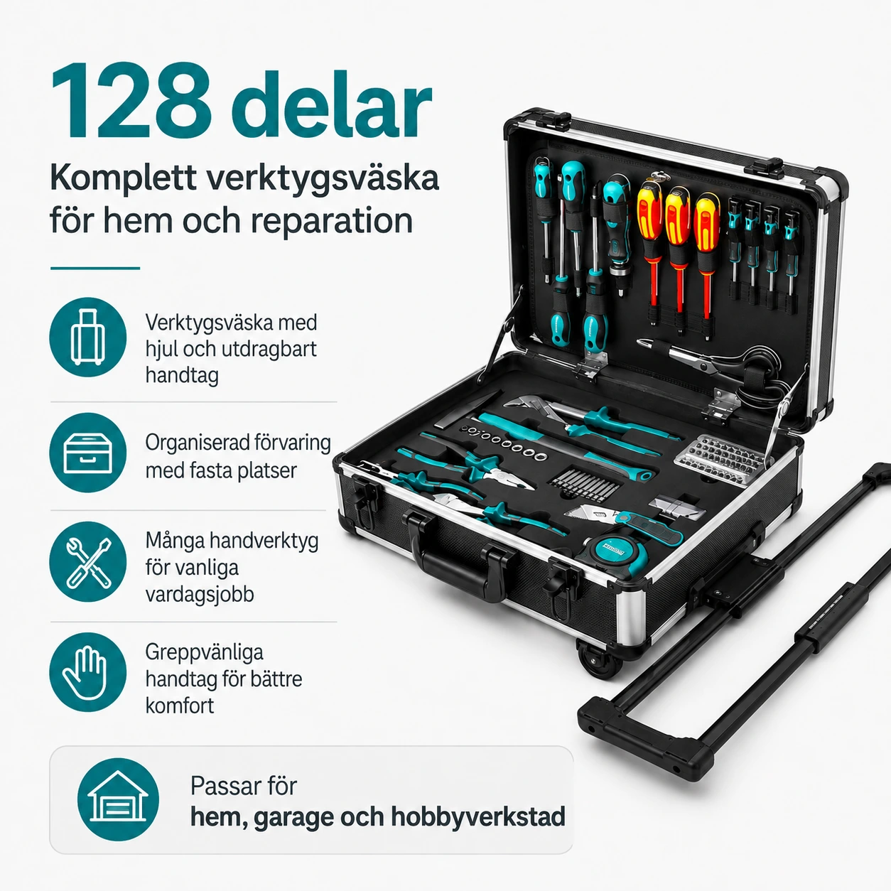 Verktygsväska med hjul 128 delar för hem och reparation