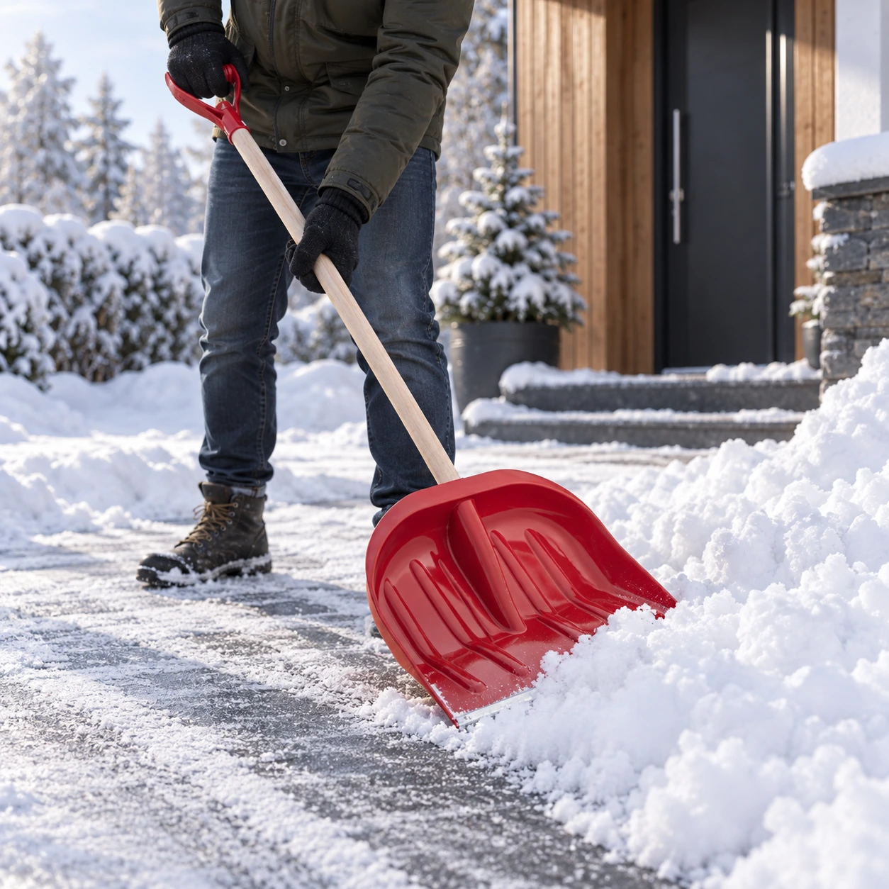 Snöskyffel med träskaft och förstärkt skopa