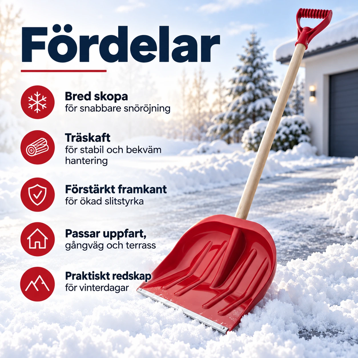 Snöskyffel med träskaft och förstärkt skopa