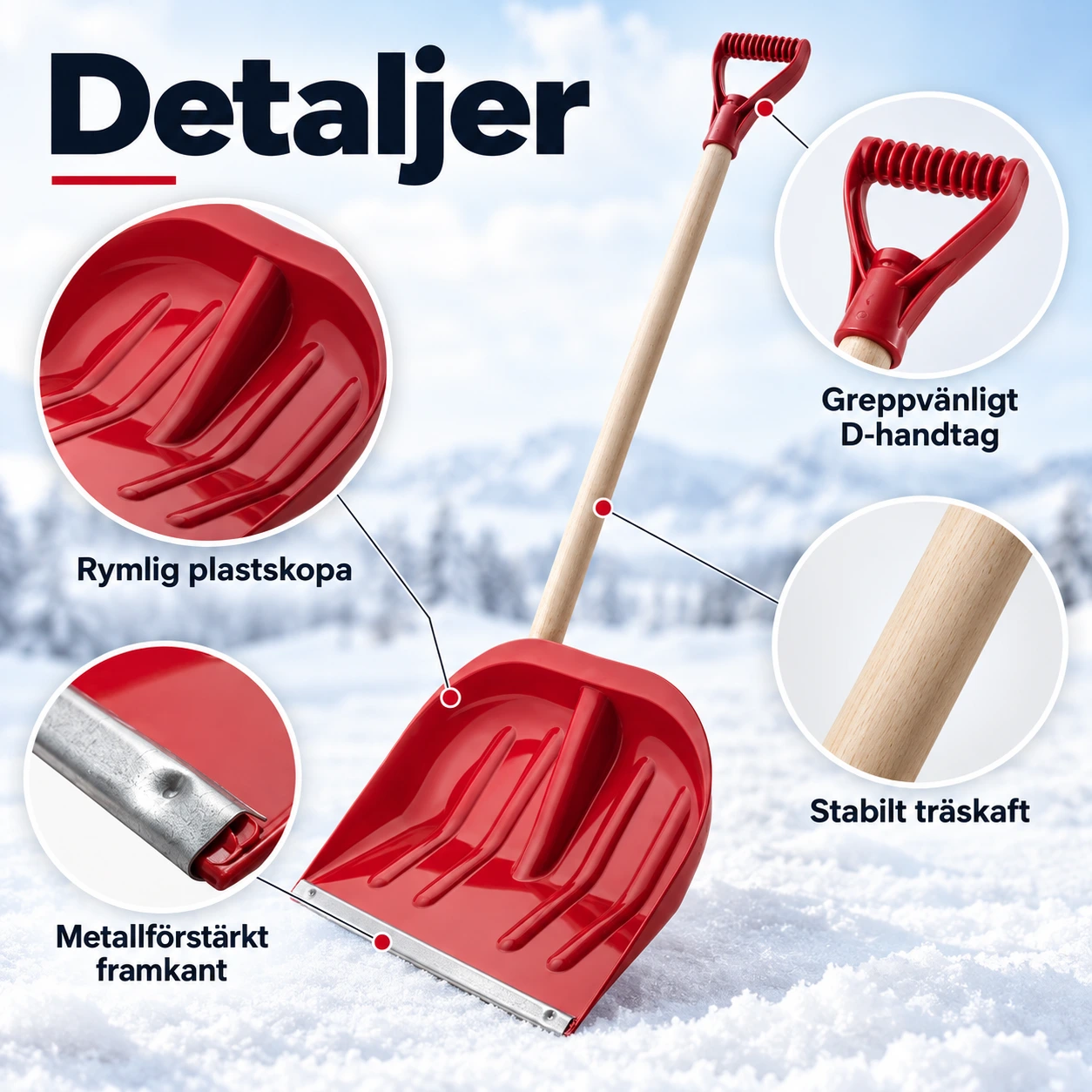 Snöskyffel med träskaft och förstärkt skopa