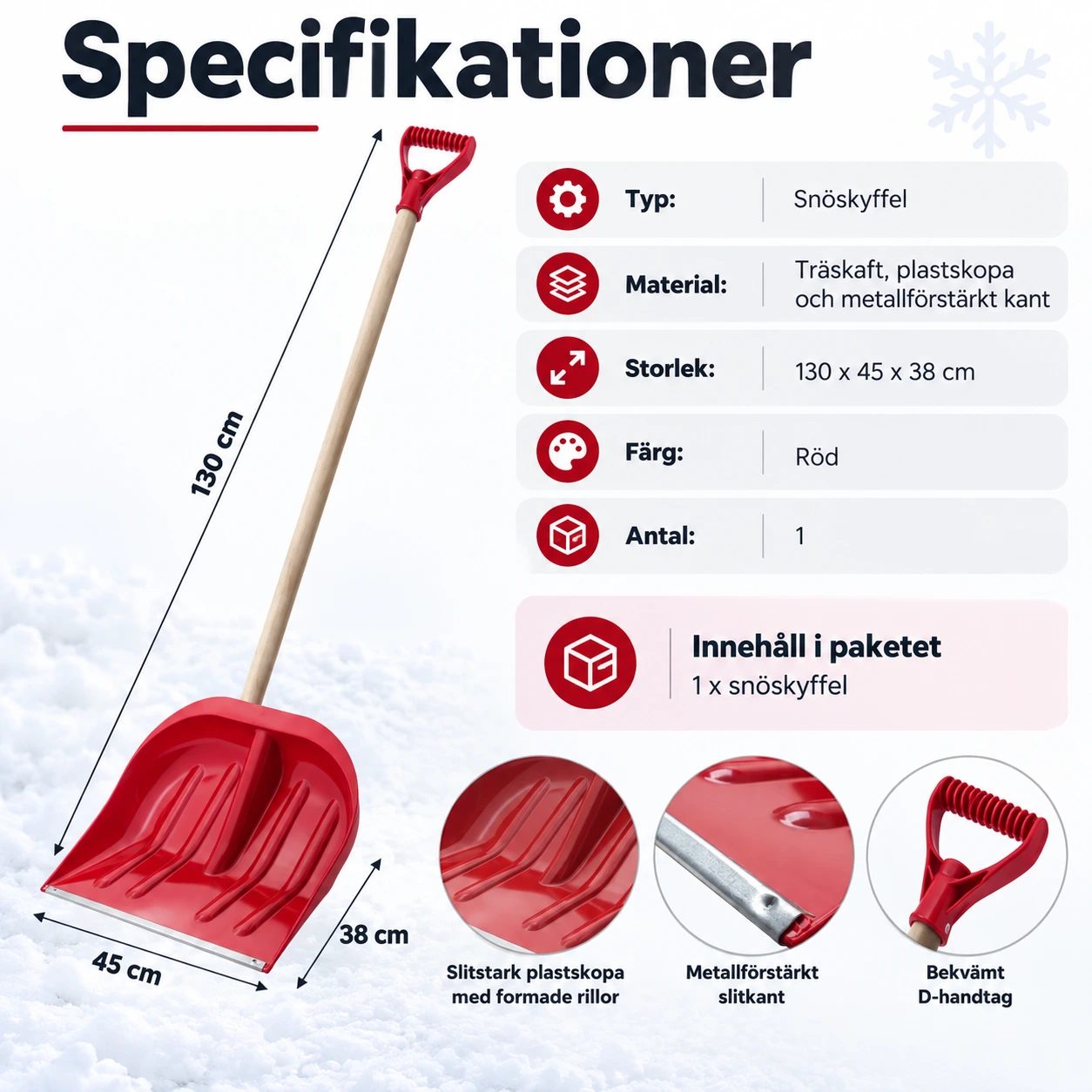 Snöskyffel med träskaft och förstärkt skopa