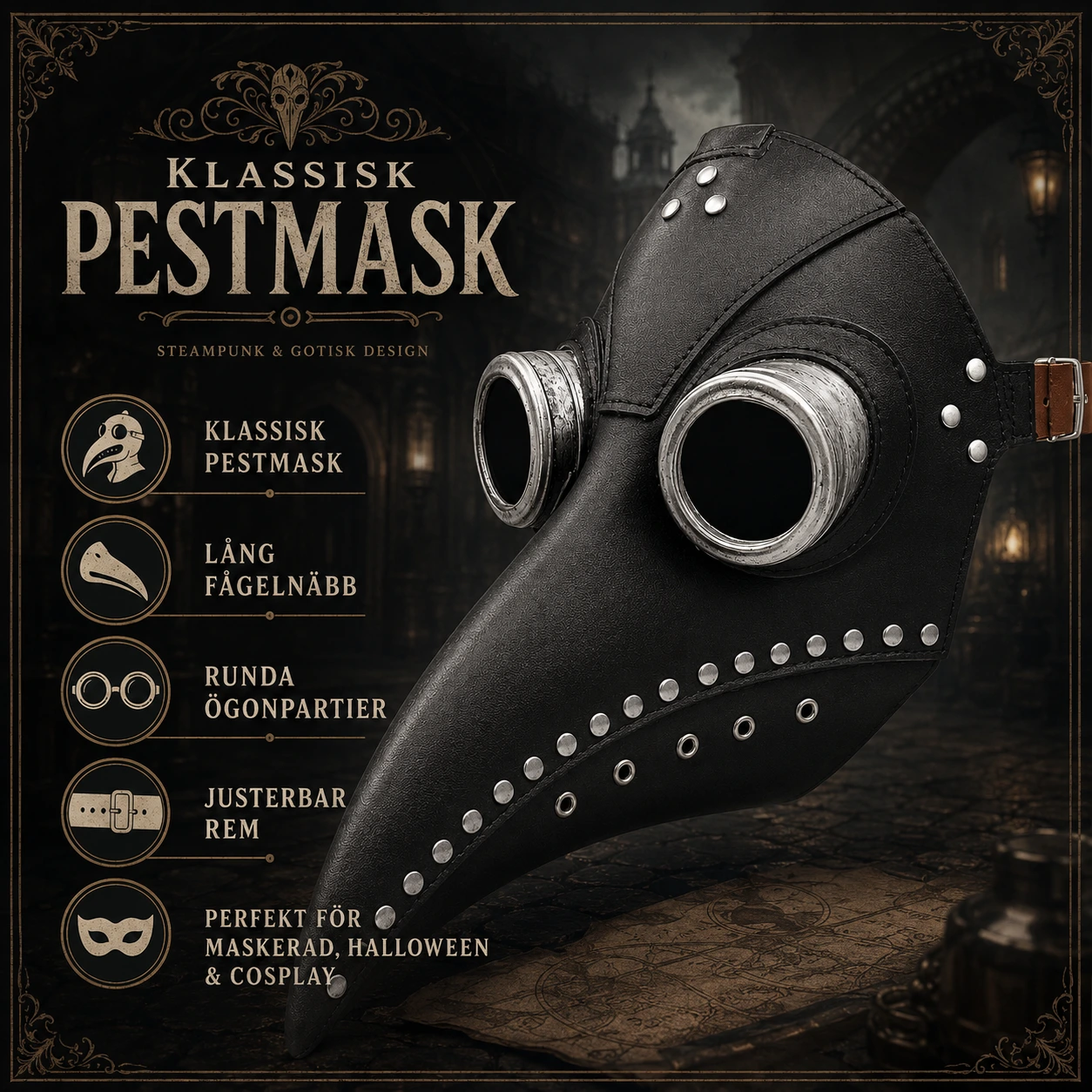 Pestmask för maskerad och cosplay med fågelnäbb