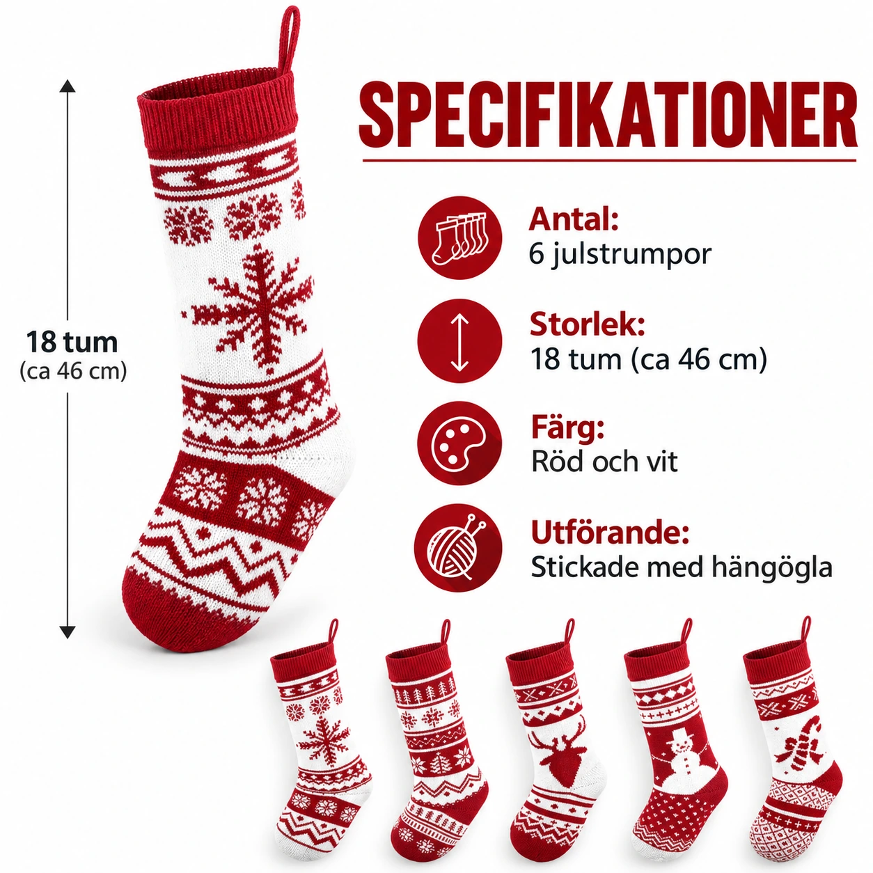 Julstrumpor för julpynt, stickade 6-pack 18 tum