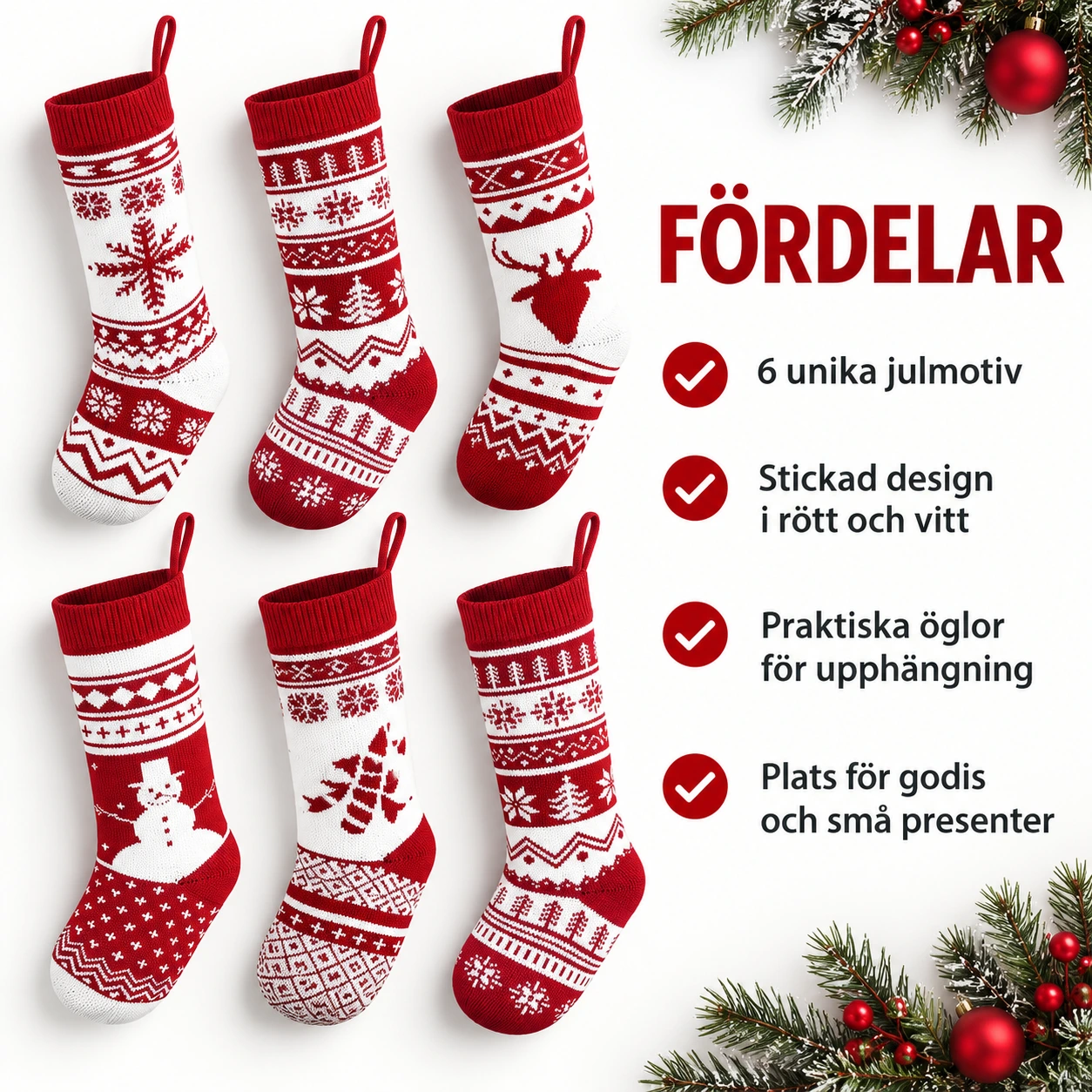 Julstrumpor för julpynt, stickade 6-pack 18 tum