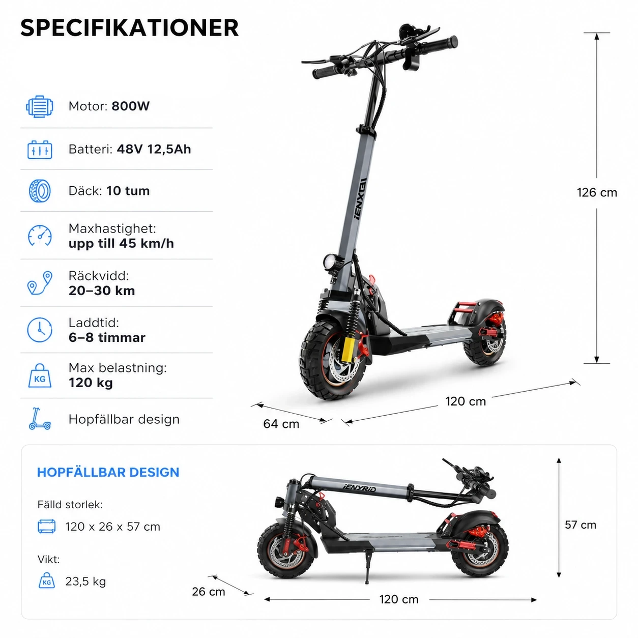 Elsparkcykel 800W – Hopfällbar med 10-tums Däck