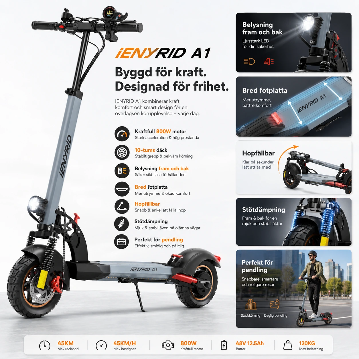 Elsparkcykel 800W – Hopfällbar med 10-tums Däck
