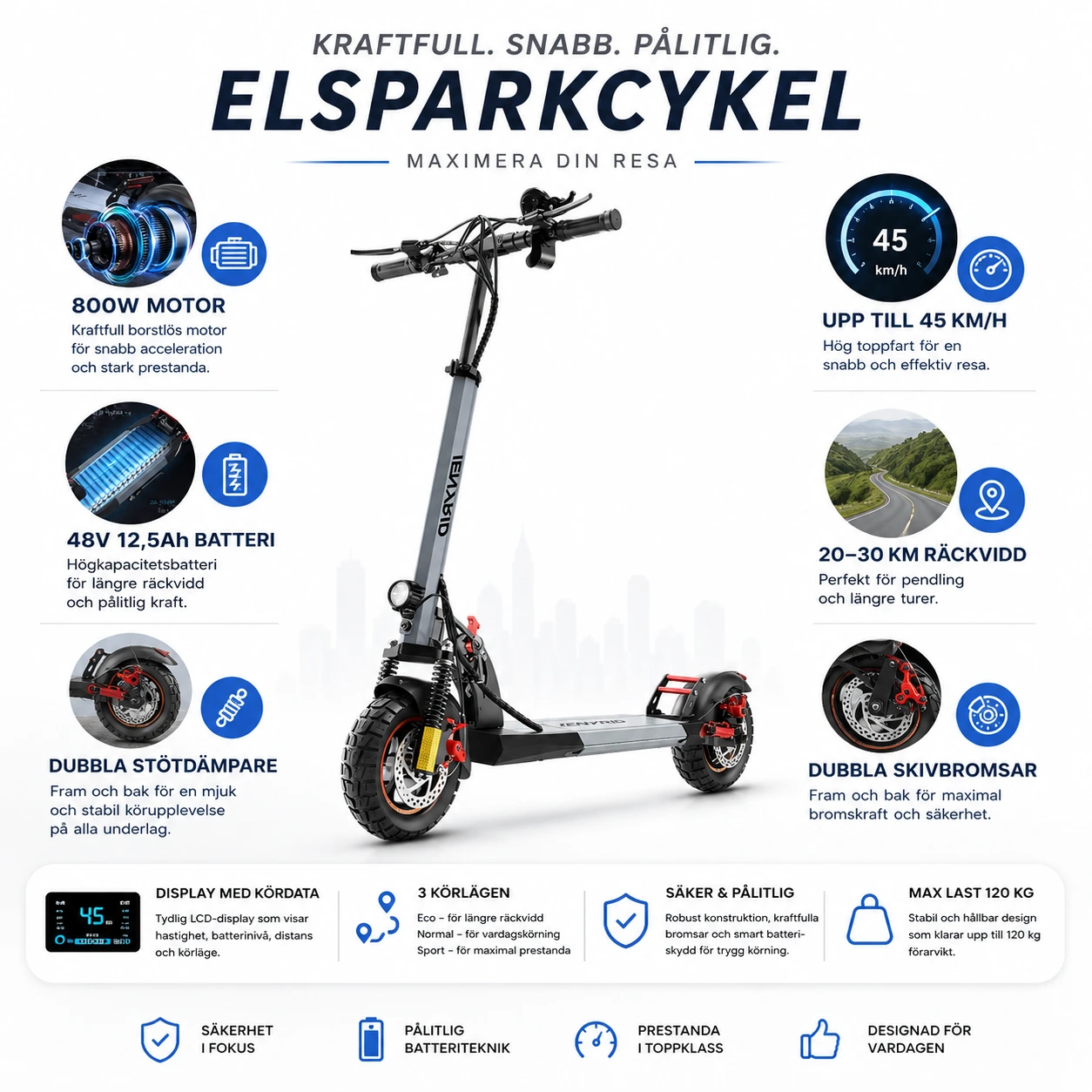 Elsparkcykel 800W – Hopfällbar med 10-tums Däck