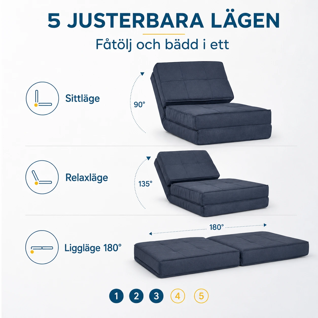Golvfåtölj Hopfällbar Bäddfåtölj 5 Lägen