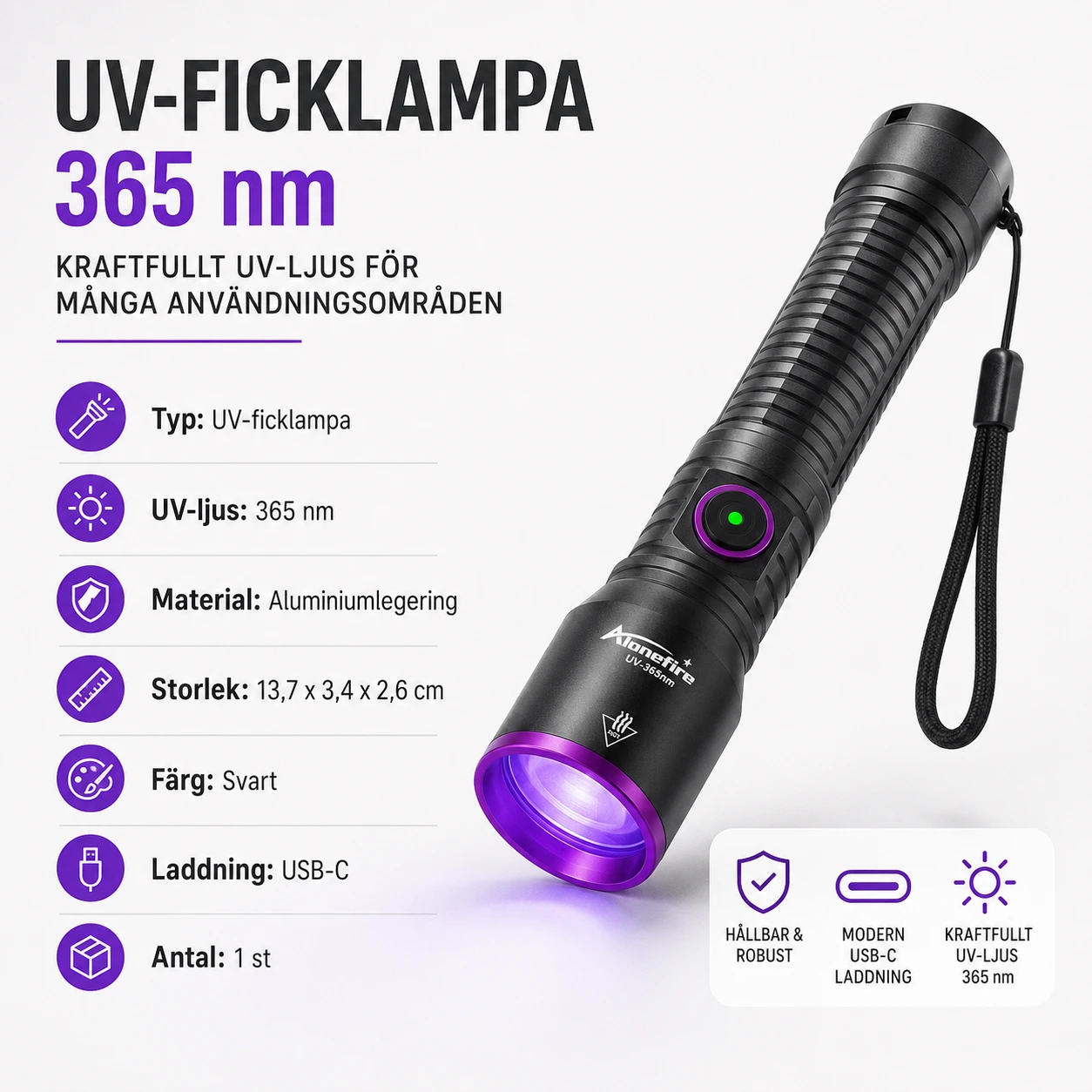 UV-ficklampa 365 nm med USB-C-laddning