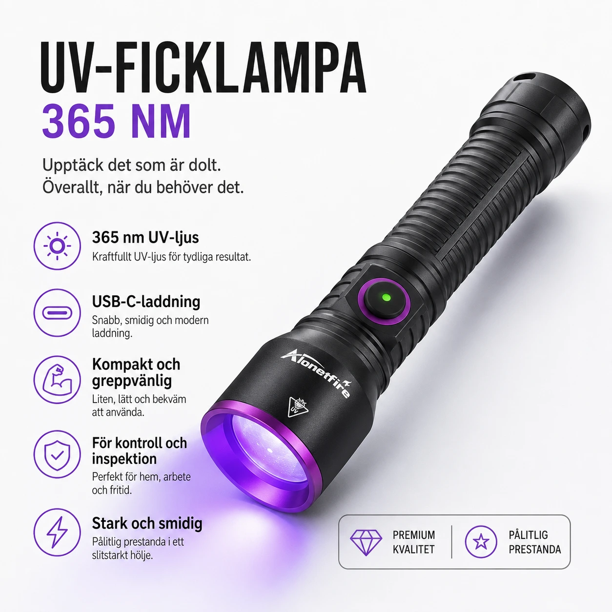 UV-ficklampa 365 nm med USB-C-laddning