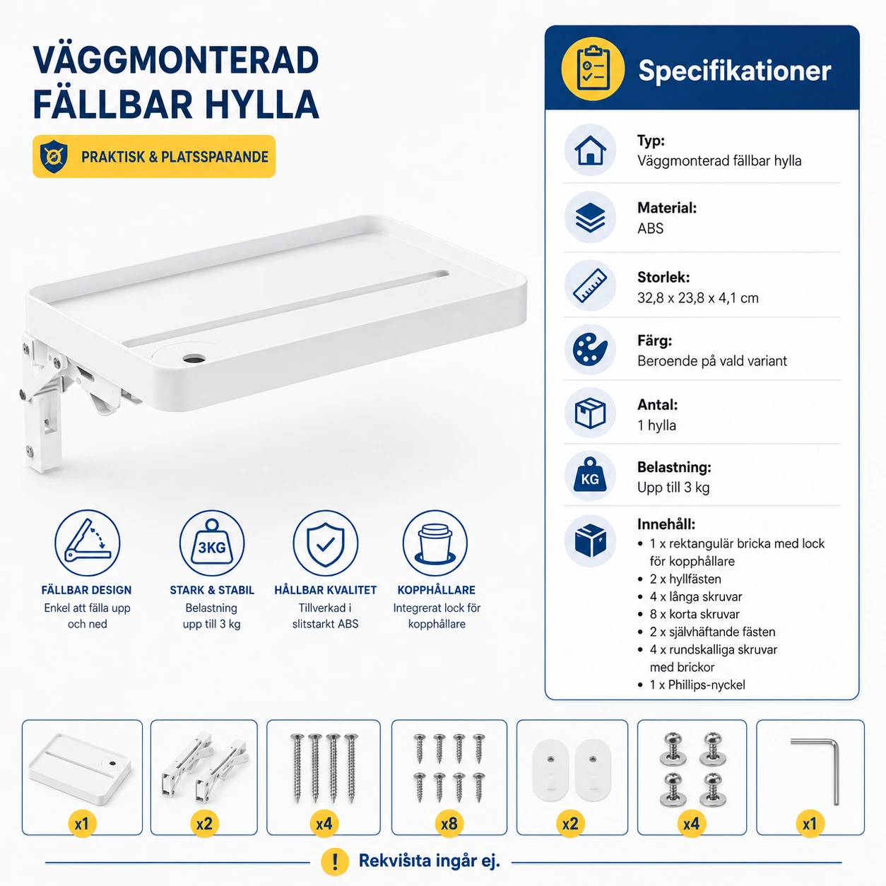 Väggmonterad fällbar hylla för säng och små utrymmen