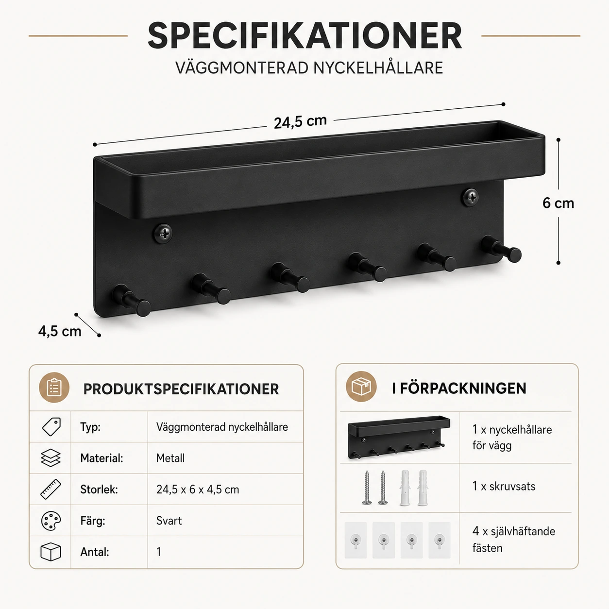 Seinäavainpidike hyllyllä ja 6 koukulla