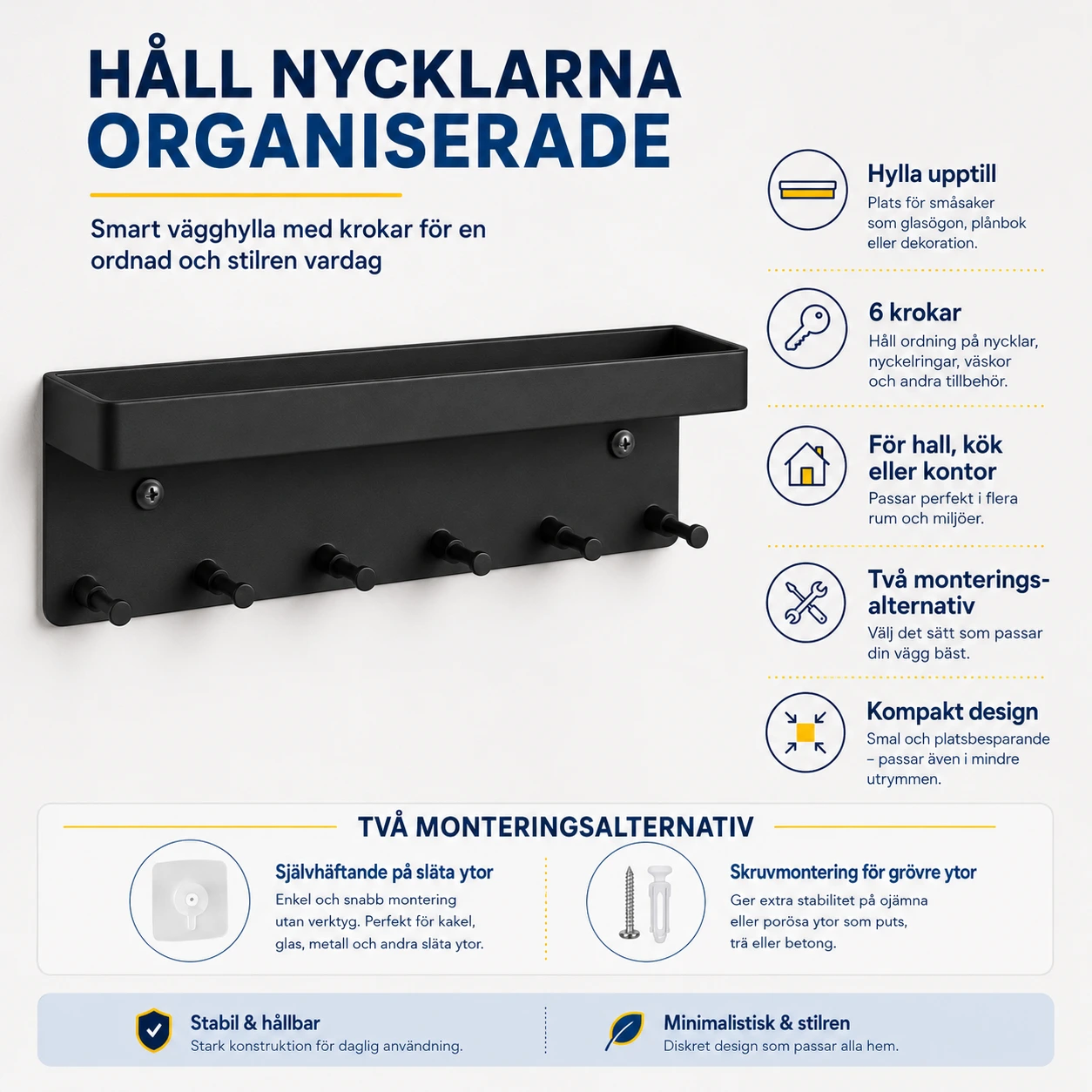 Nyckelhållare för vägg med hylla och 6 krokar