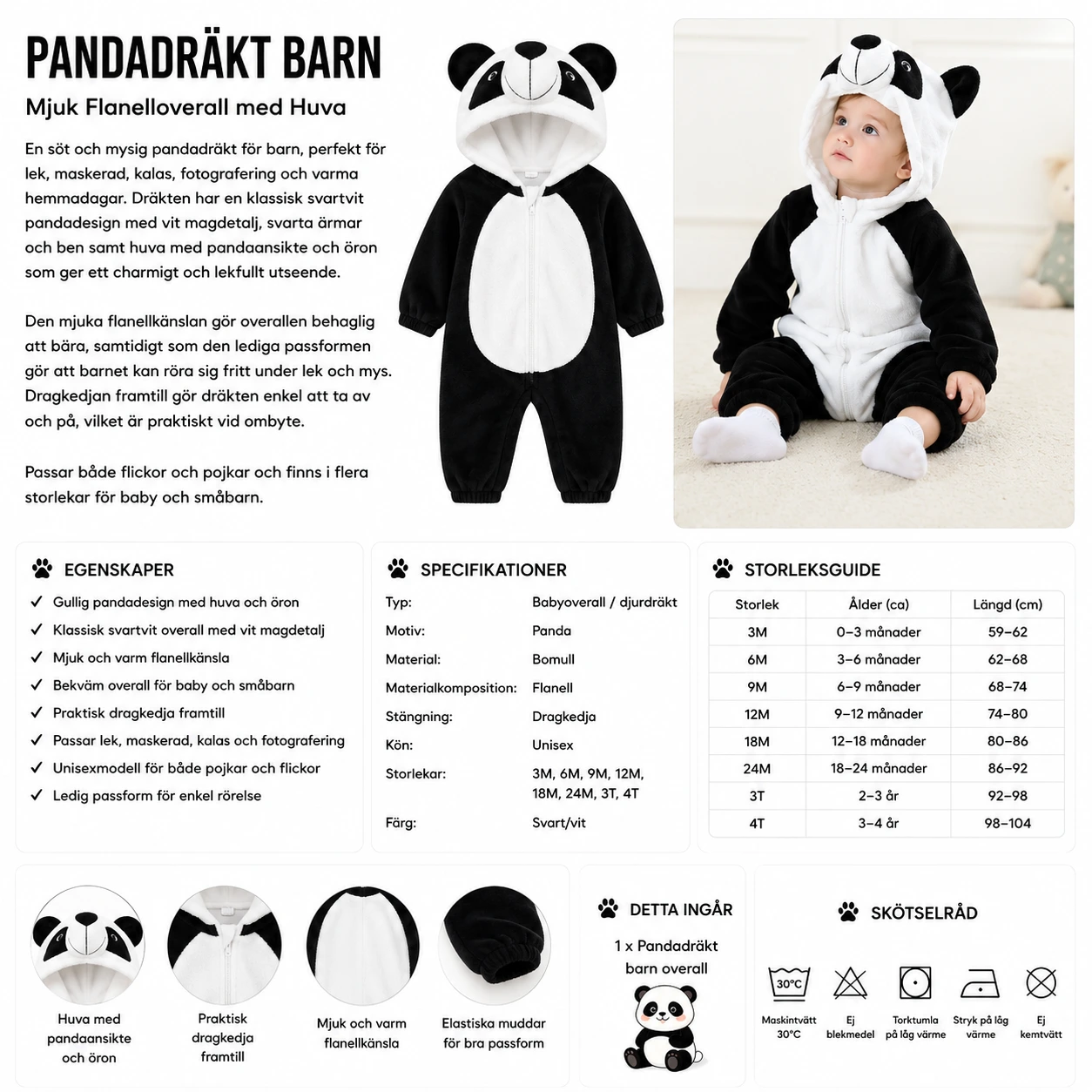Pandadräkt Barn – Mjuk Flanelloverall med Huva
