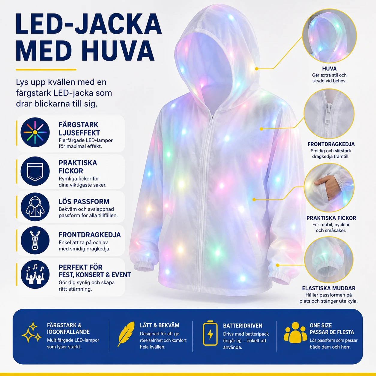 LED-jacka med huva och fickor
