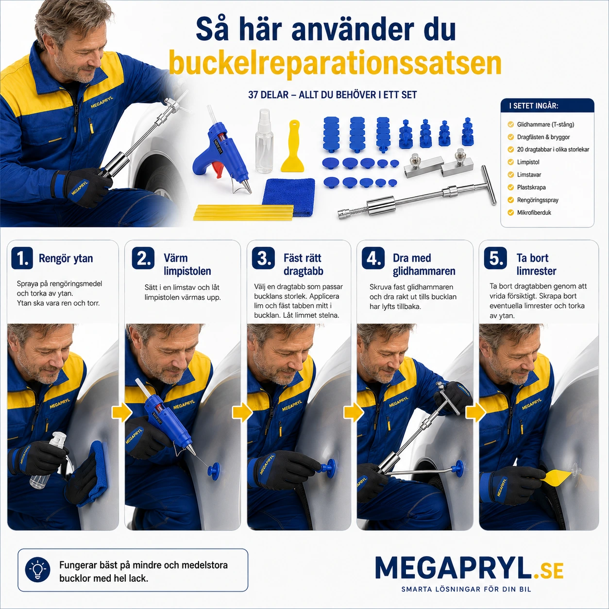 Buckelreparationssats 37 Delar med Glidhammare och Limpistol