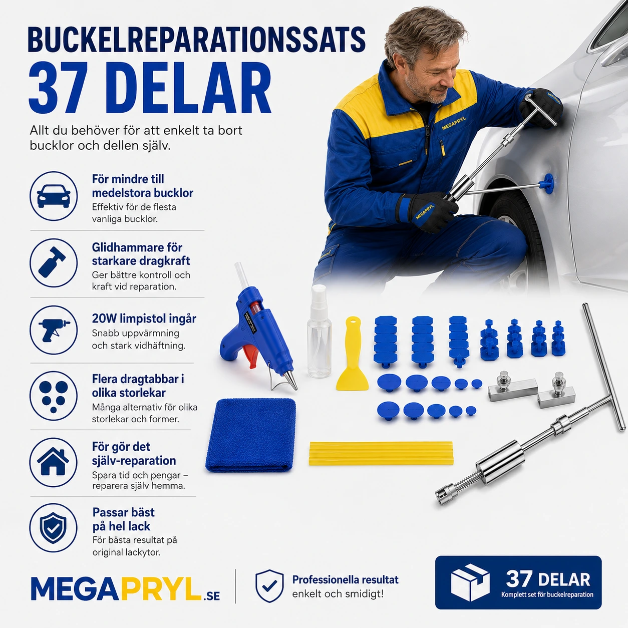 Buckelreparationssats 37 Delar med Glidhammare och Limpistol