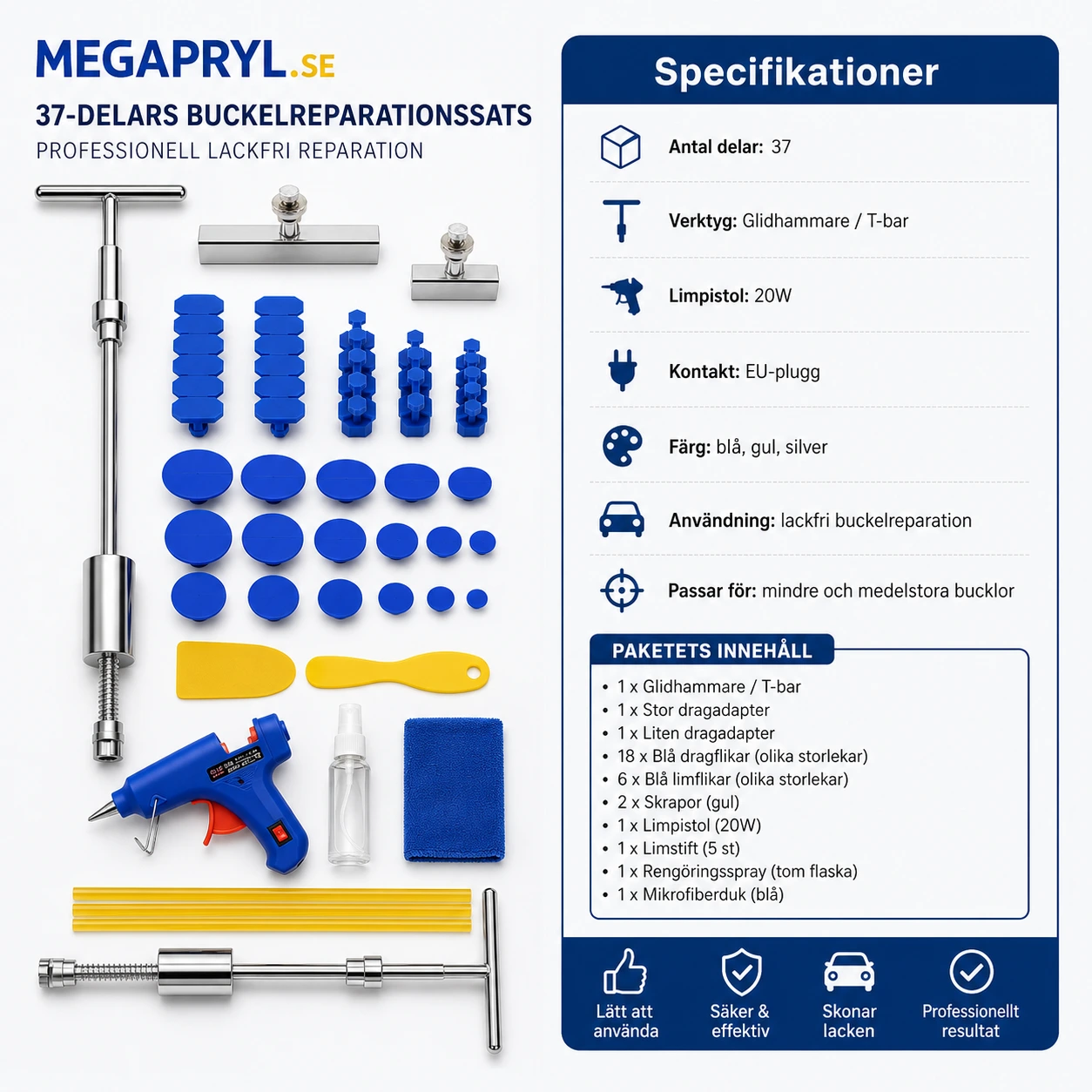 Buckelreparationssats 37 Delar med Glidhammare och Limpistol