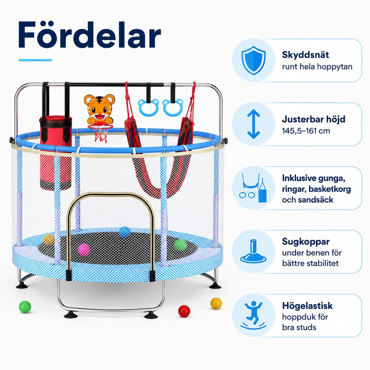 Studsmatta för barn 150 cm med skyddsnät och tillbehör