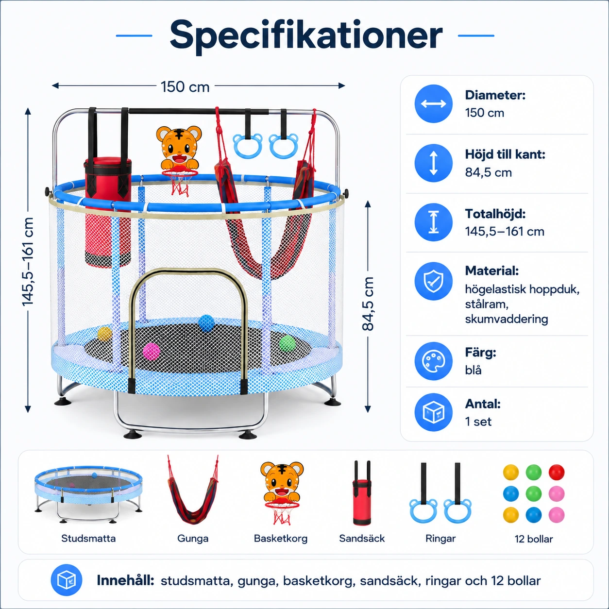 Studsmatta för barn 150 cm med skyddsnät och tillbehör