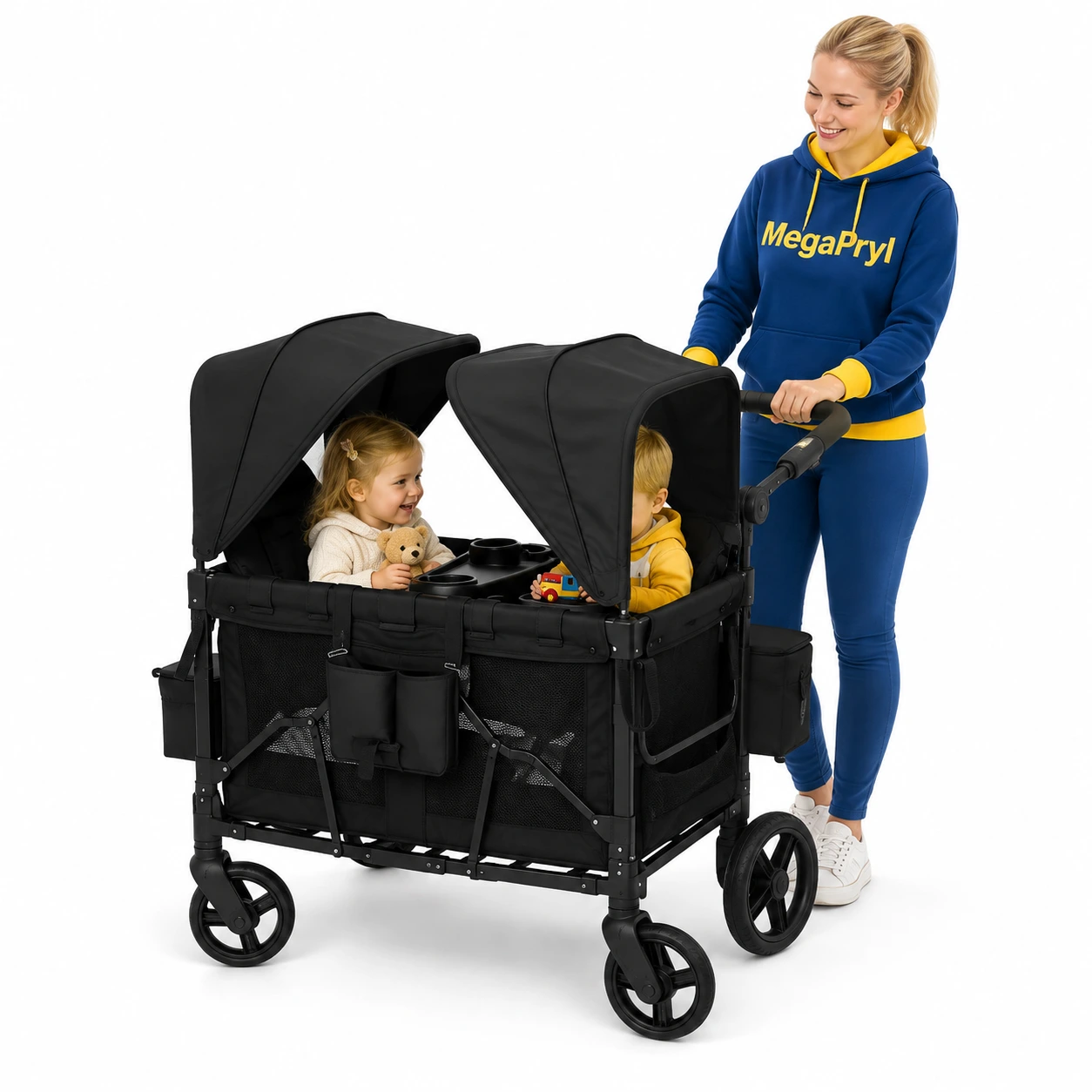 Dubbel sittvagn och vagn med sufflett, hopfällbar