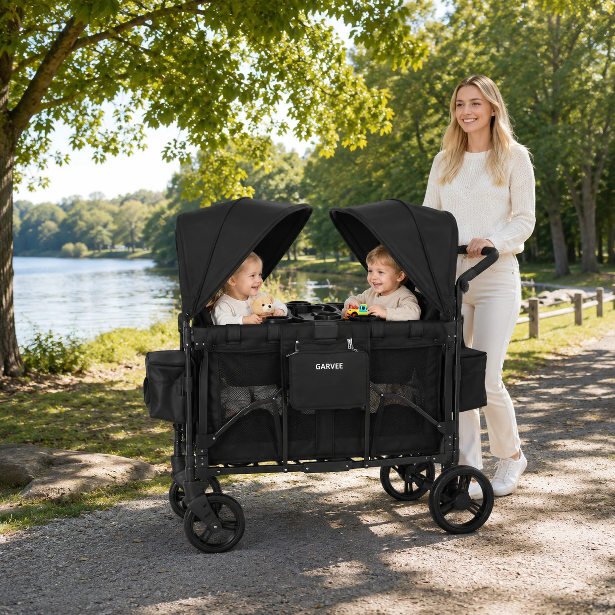 Dubbel sittvagn och vagn med sufflett, hopfällbar