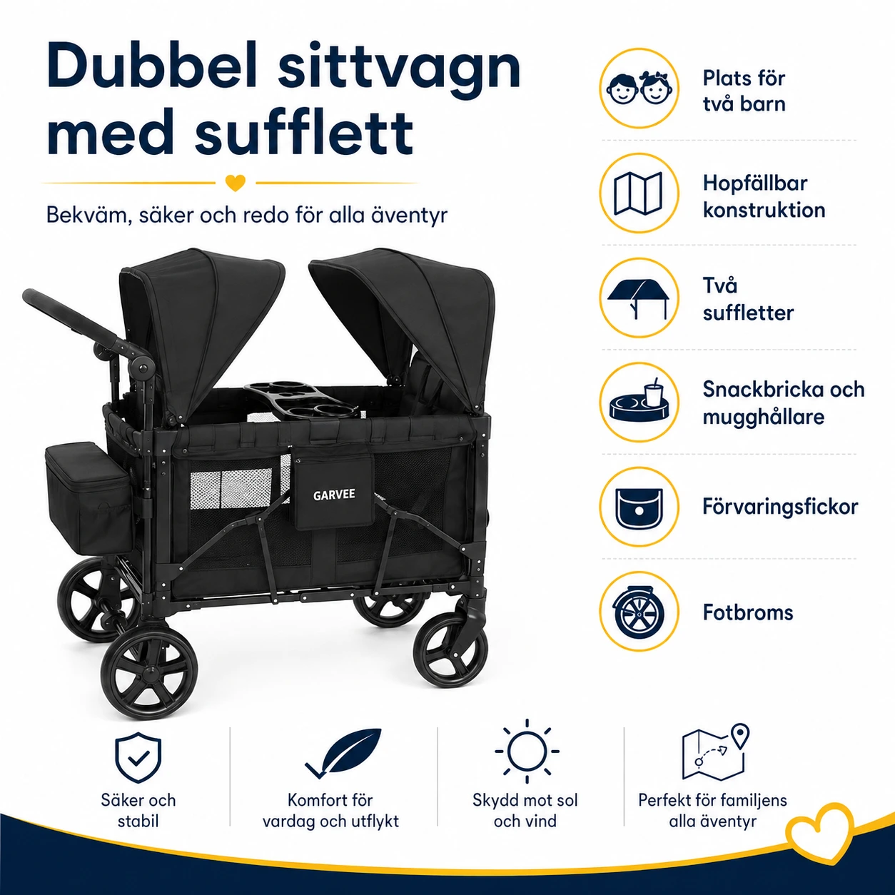 Dubbel sittvagn och vagn med sufflett, hopfällbar