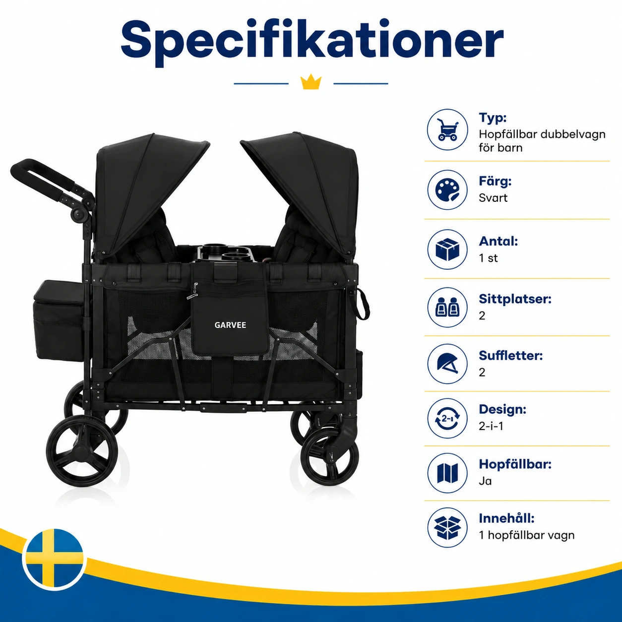 Dubbel sittvagn och vagn med sufflett, hopfällbar