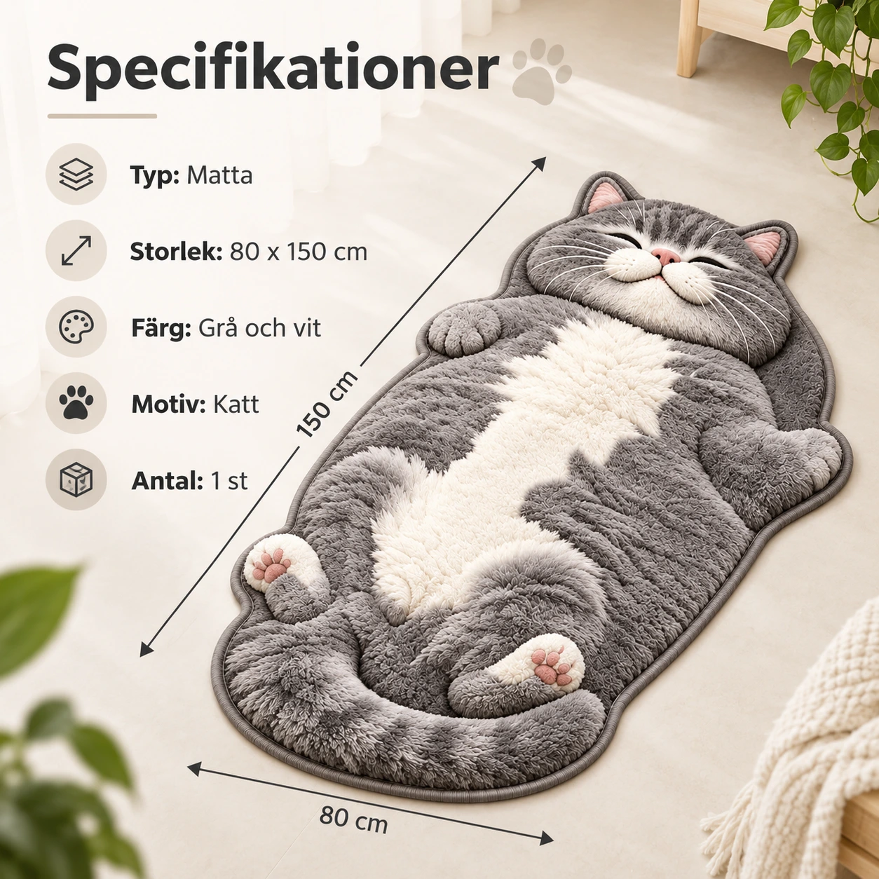 Kattformad matta för sovrum och vardagsrum