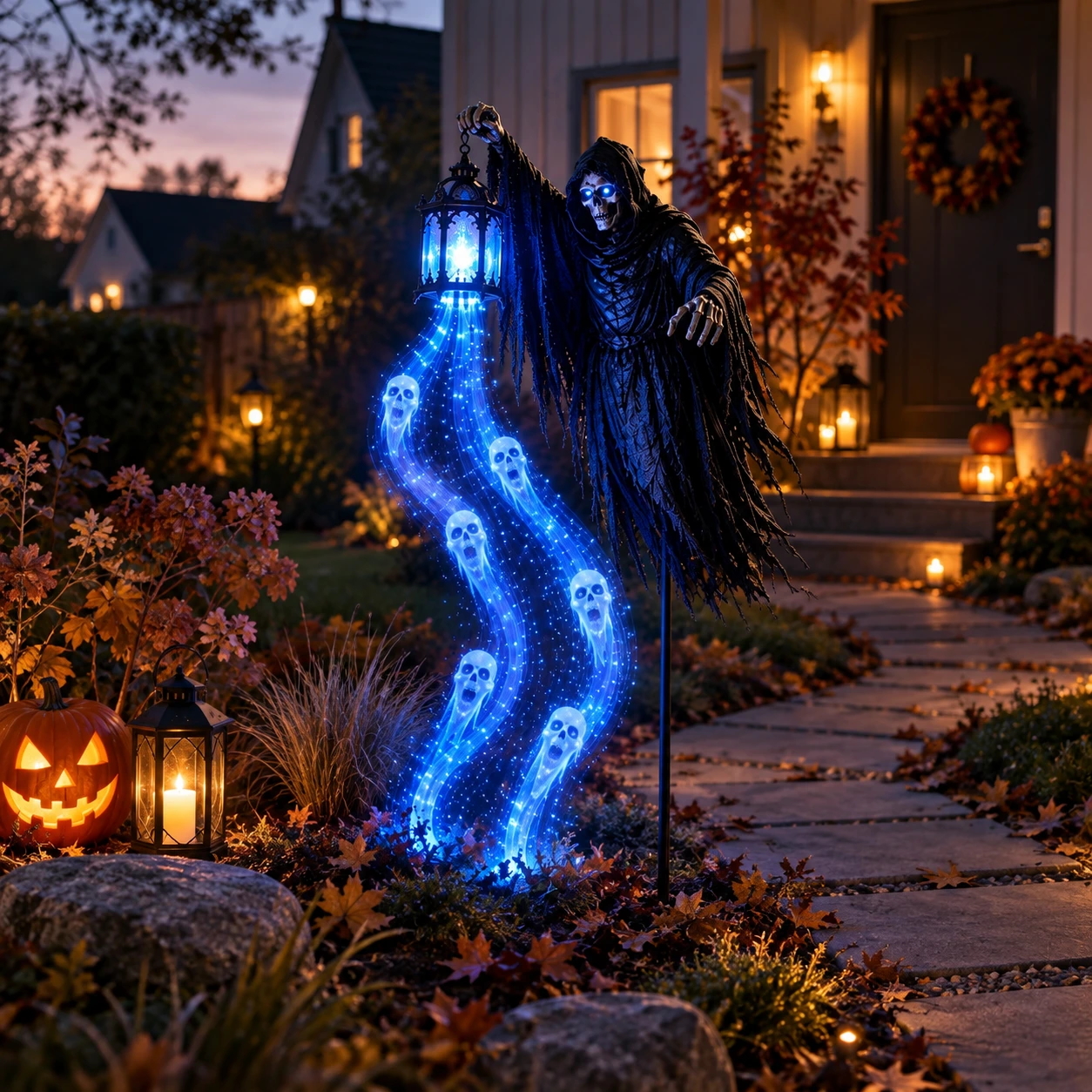 Halloween-puutarhavalaisin LED-valolla ja animoidulla aavehahmolla